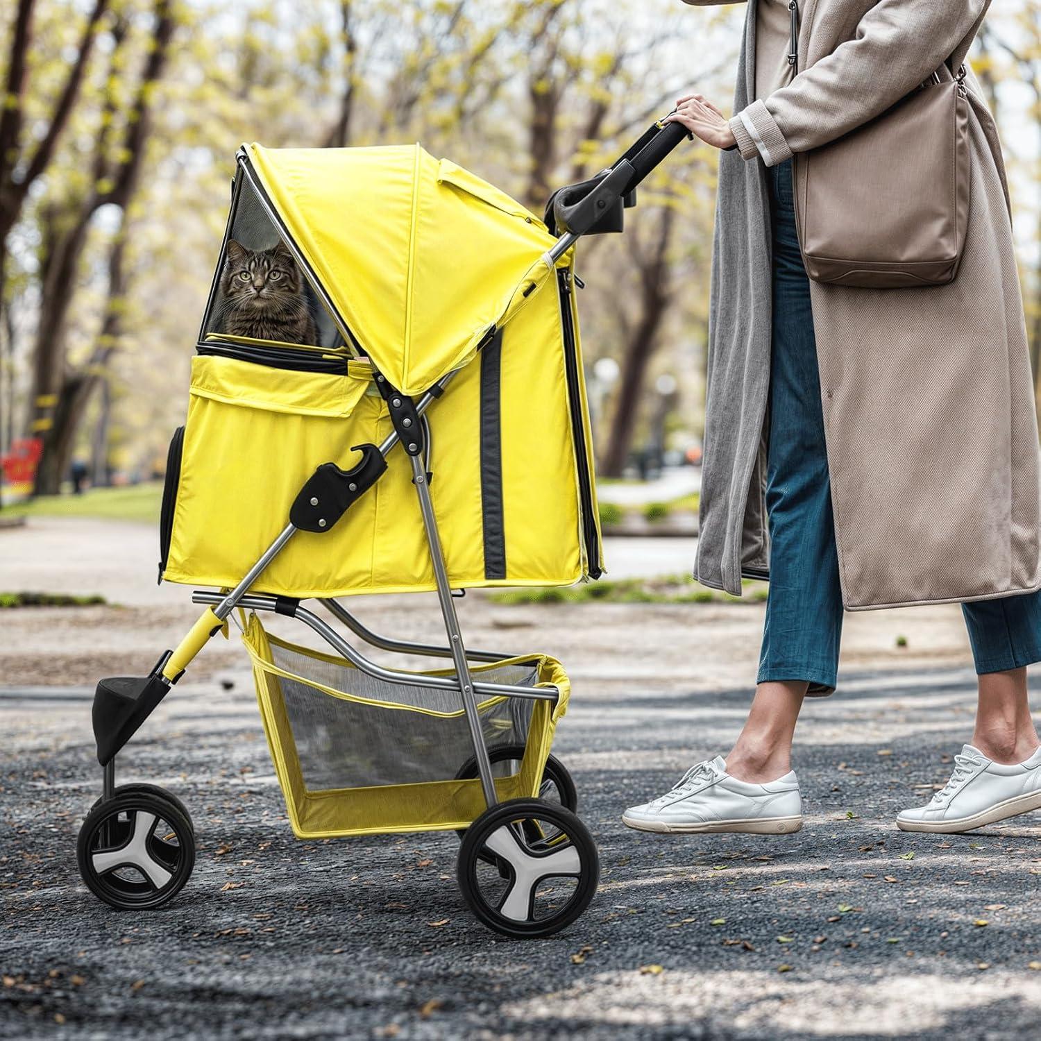 3 Wheel Folding Pet Stroller, Foldable Dog Jogger Stroller with Storage Basket, Cup Holder & Canopy