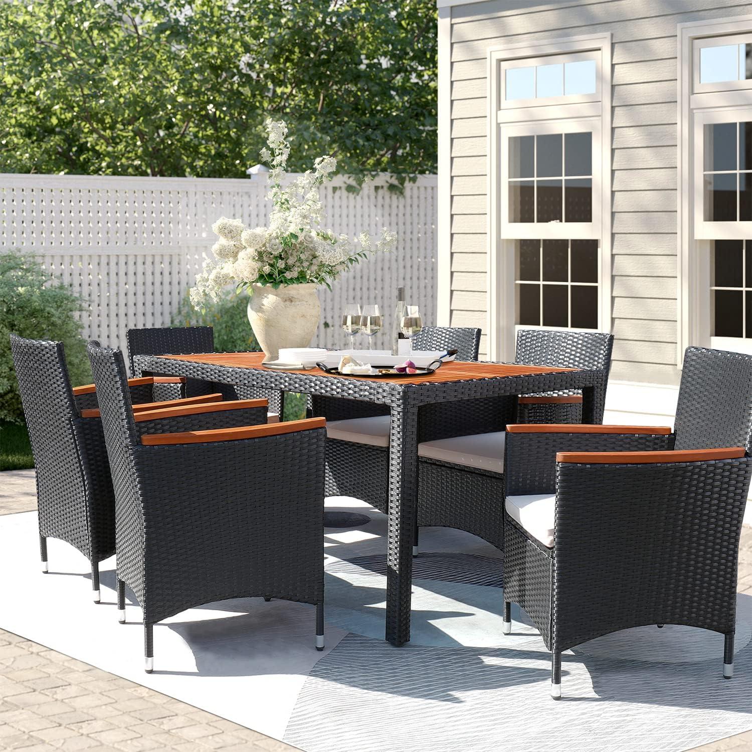 Zimtown 7 Piece Patio Dining Set, Outdoor Patio Conversation Set with Acacia Wood Table Top and Rattan Chairs and Soft Seat Cushions for Deck Backyard Garden, Black