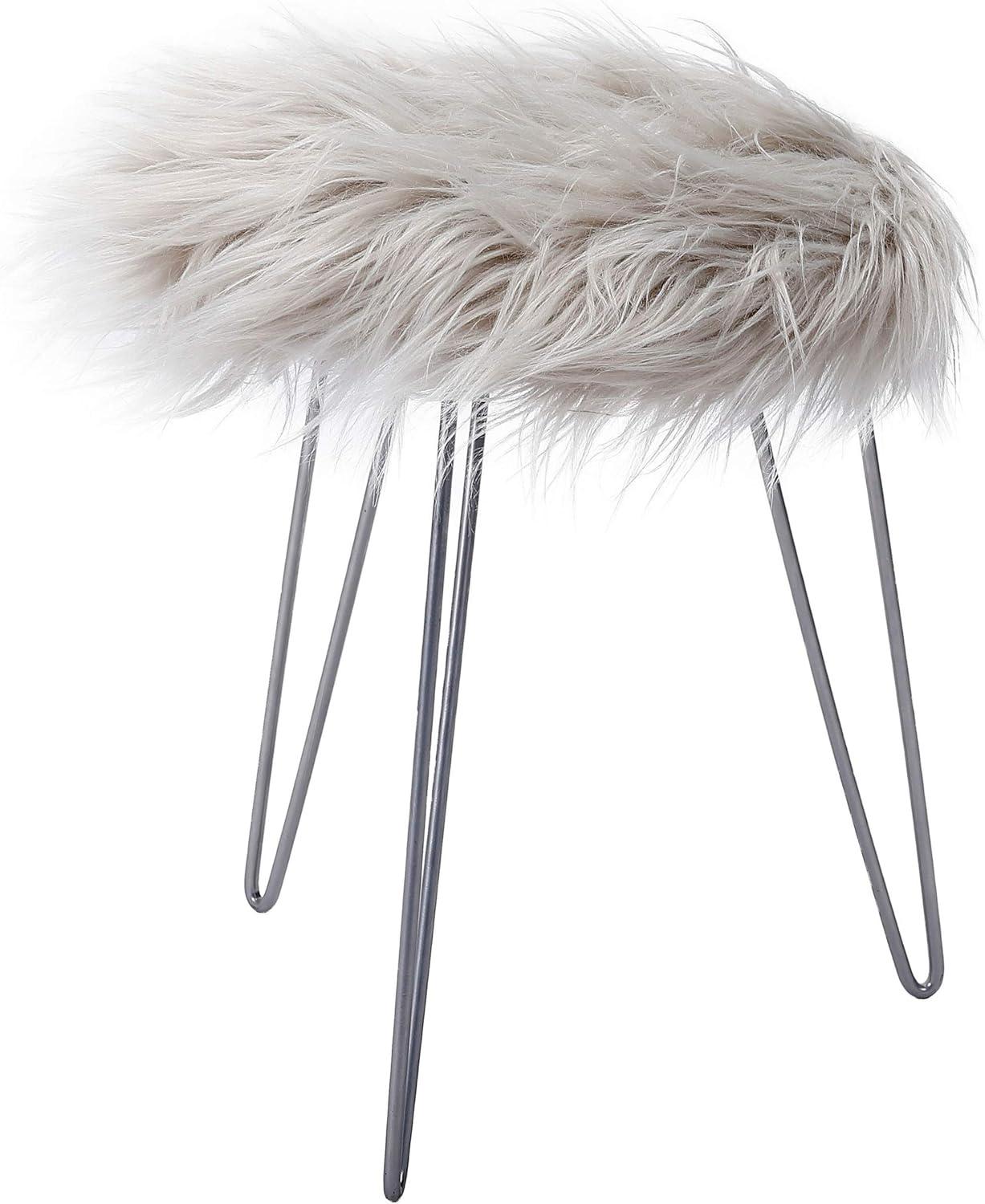 BirdRock Home Round Faux Fur Foot Stool Ottoman - Grey with Silver Legs