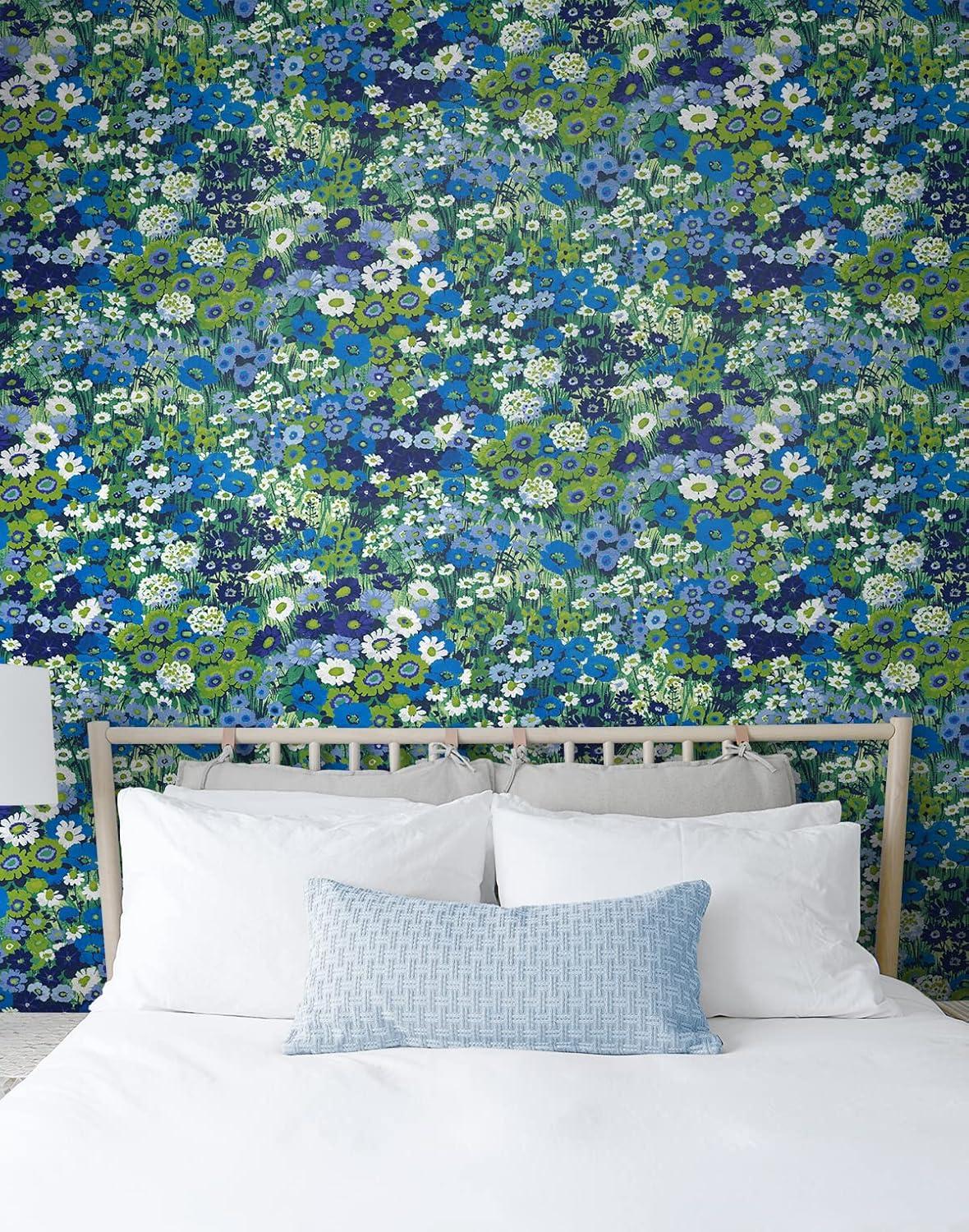 Bright Blue and Sap Green Floral Peel and Stick Wallpaper