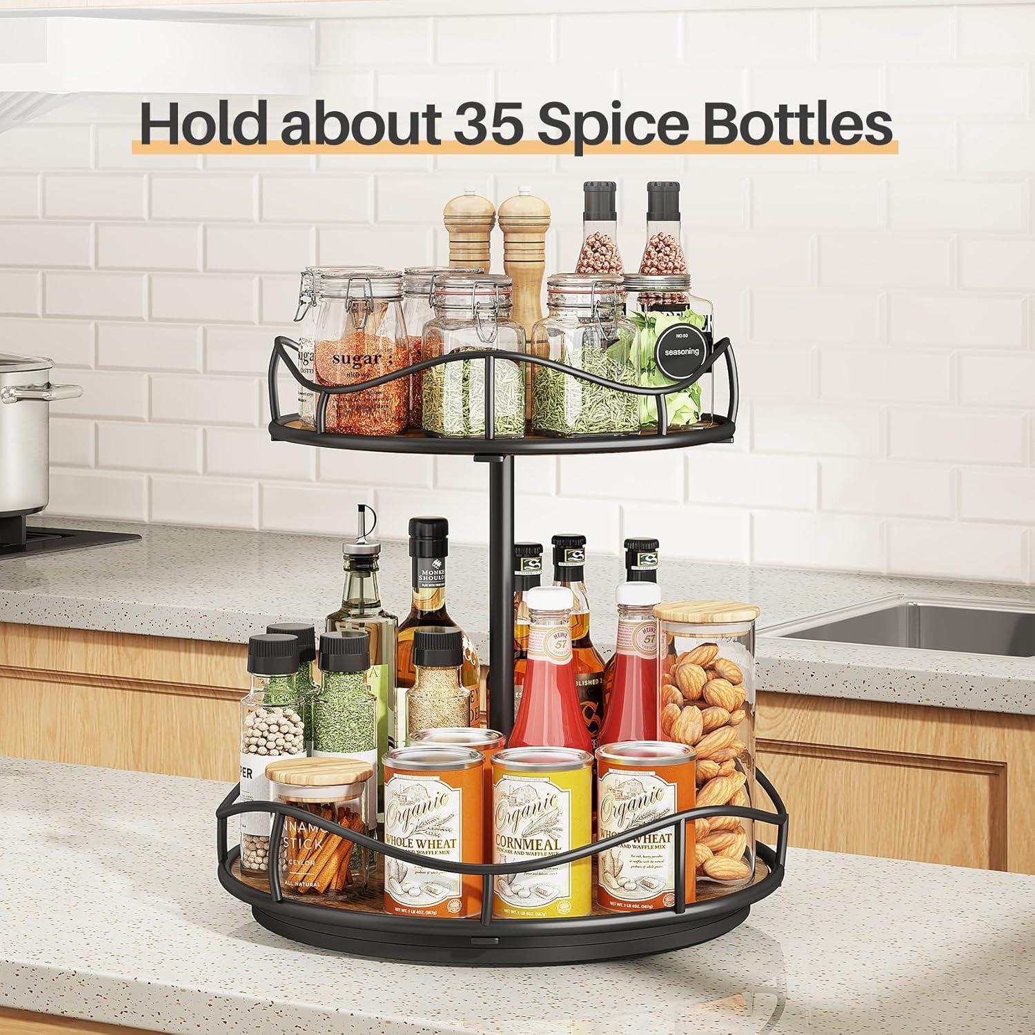 Lazy Susan Organizer Turntable Spice Rack - 2 Tier Wood Rotating Lazy Susan for Cabinet Pantry Kitchen Countertop Dining Table, Organization Storage C43