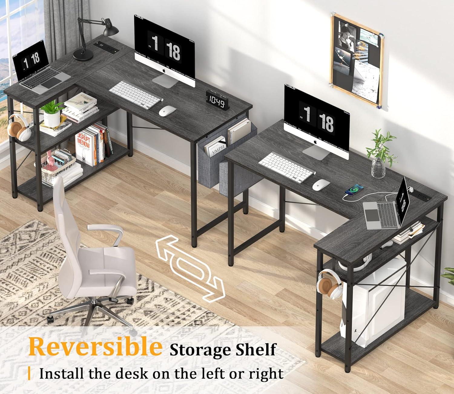 Mr IRONSTONE L Shaped Desk with Outlets & USB Ports, Reversible 47 Inch Office Desk, Corner Desk for Small Space, Home Office Desk with Storage Bag & Hook, Black