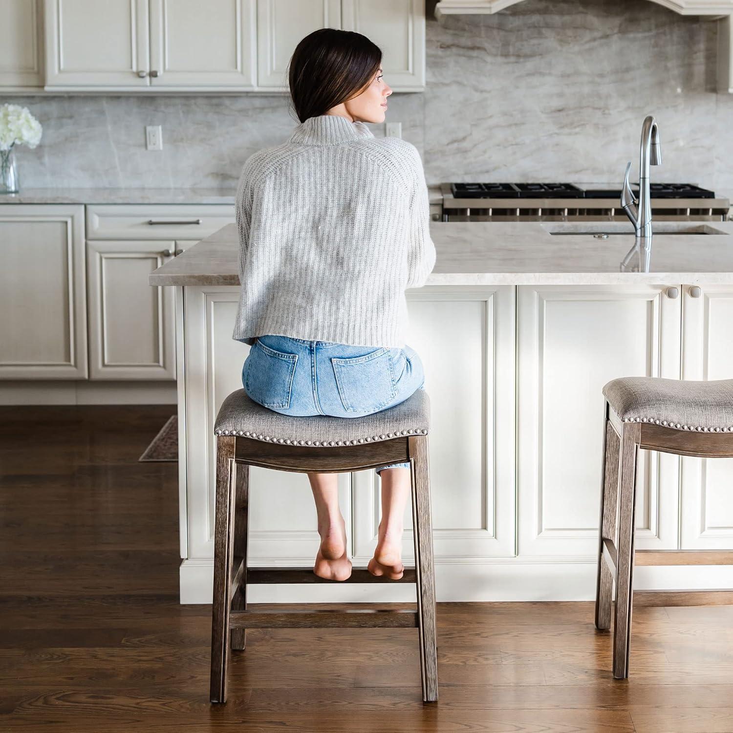 Elegant Gray Wirebrush Wood Saddle Kitchen Stool, Set of 4