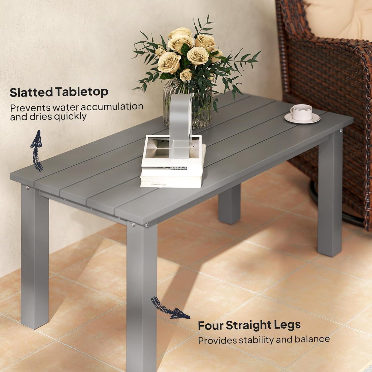 Outsunny HDPE Outdoor Coffee Table, Rectangle All-Weather Patio Coffee Table, Slatted Outdoor Patio Table for Garden, Balcony, Backyard, Gray