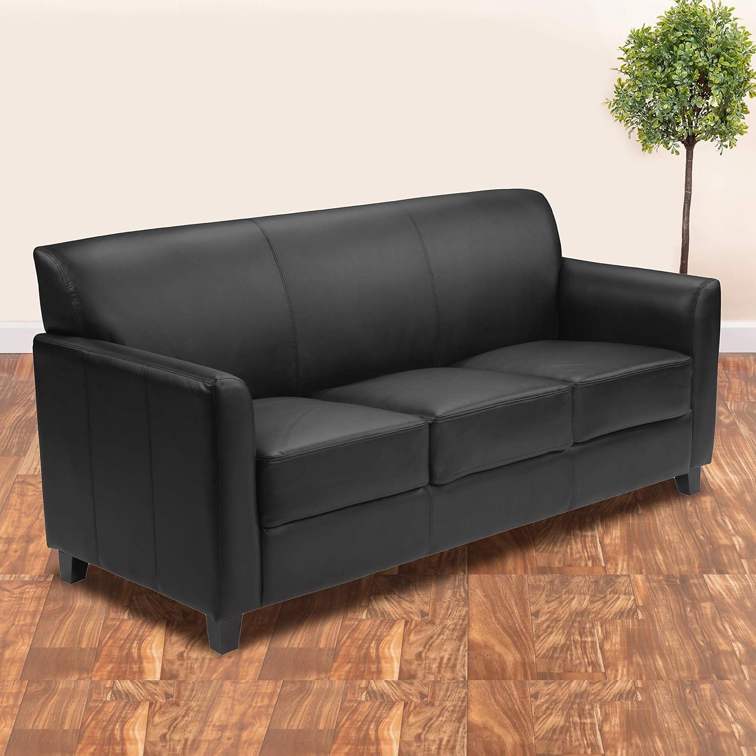 Contemporary Black LeatherSoft 3-Seat Sofa with Flared Arms and Wood Feet