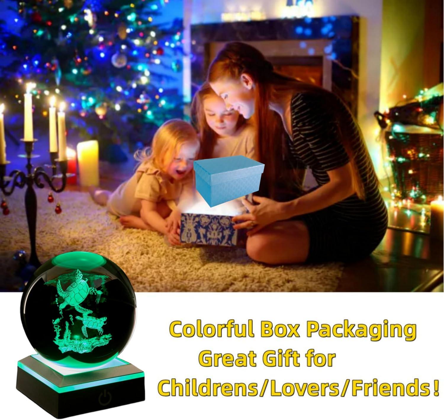 3D Sea Turtle Crystal Ball Night Light, Upgraded 3.15 Inch Glass Ball Lamps with LED Base, Sea Turtle Lamp Decor, Birthday Holiday Xmas Gifts for Boys Girls Friends (Sea Turtle)