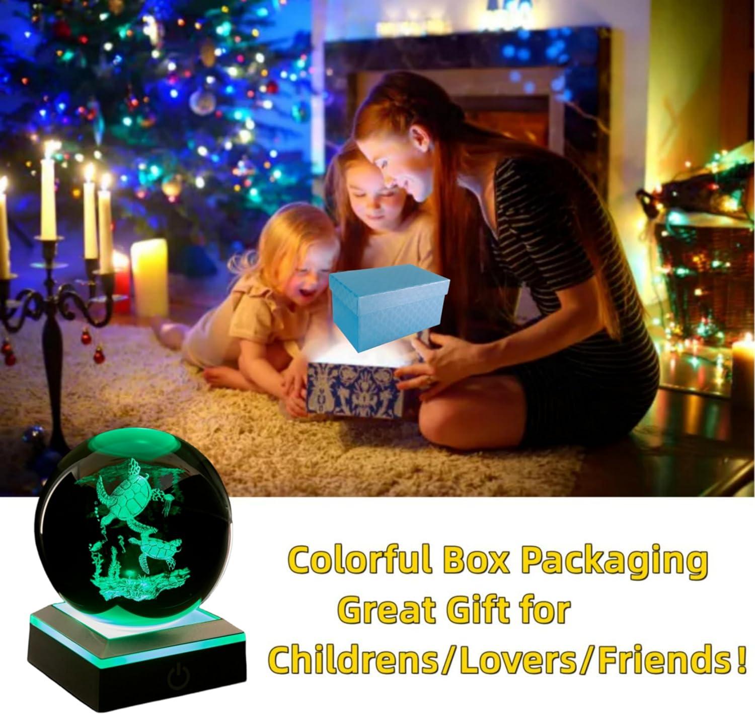 3D Sea Turtle Crystal Ball Night Light, Upgraded 3.15 Inch Glass Ball Lamps with LED Base, Sea Turtle Lamp Decor, Birthday Holiday Xmas Gifts for Boys Girls Friends (Sea Turtle)