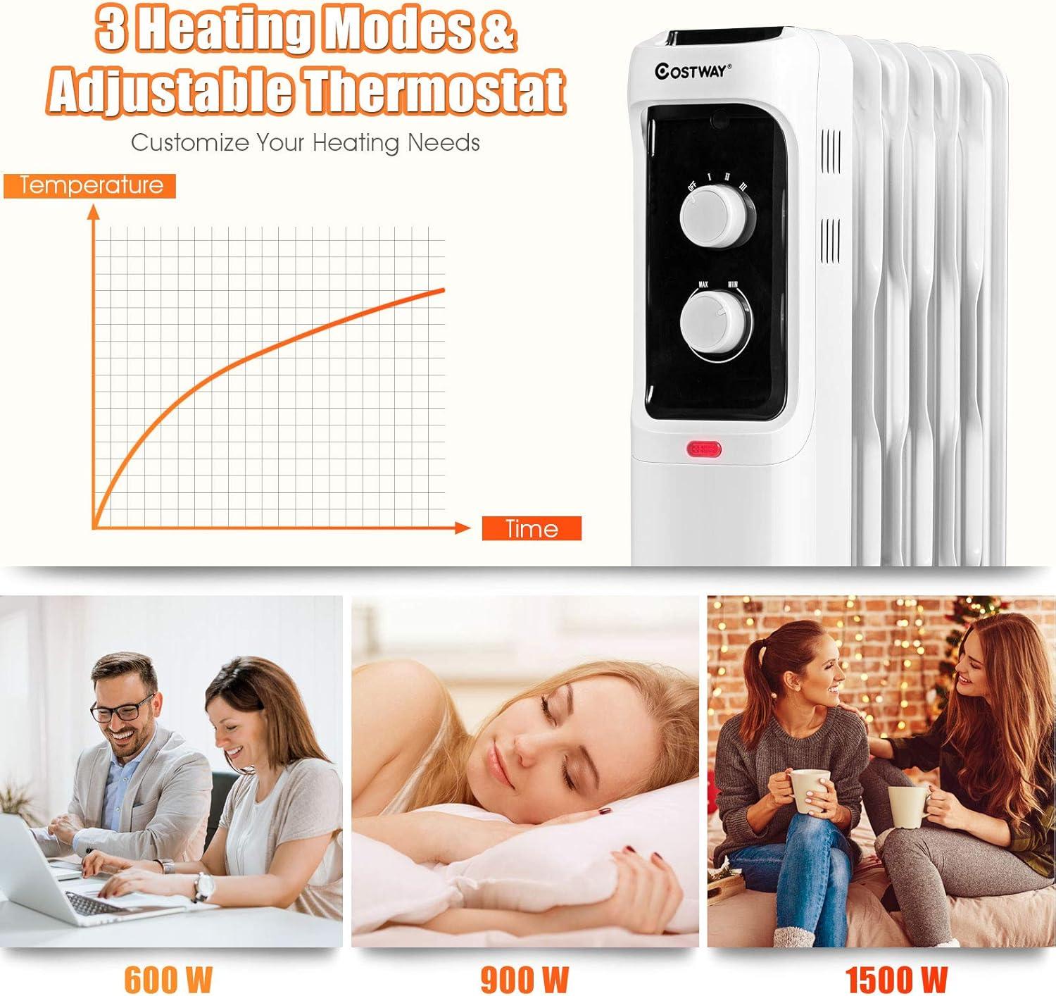 Costway 1500W Oil Filled Heater Portable Radiator Space Heater w/Adjustable Thermostat Black