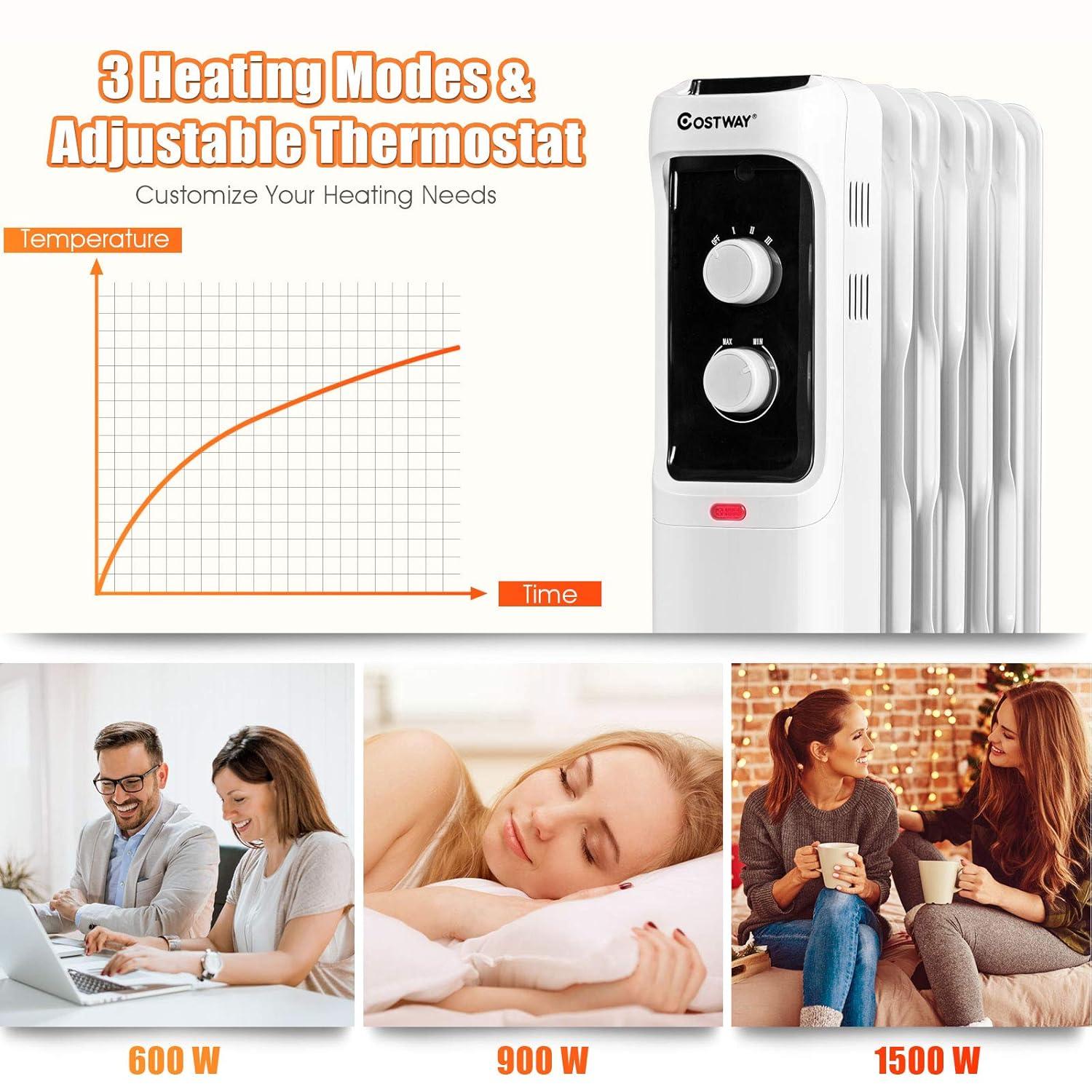 Costway 1500W Oil Filled Heater Portable Radiator Space Heater w/Adjustable Thermostat Black