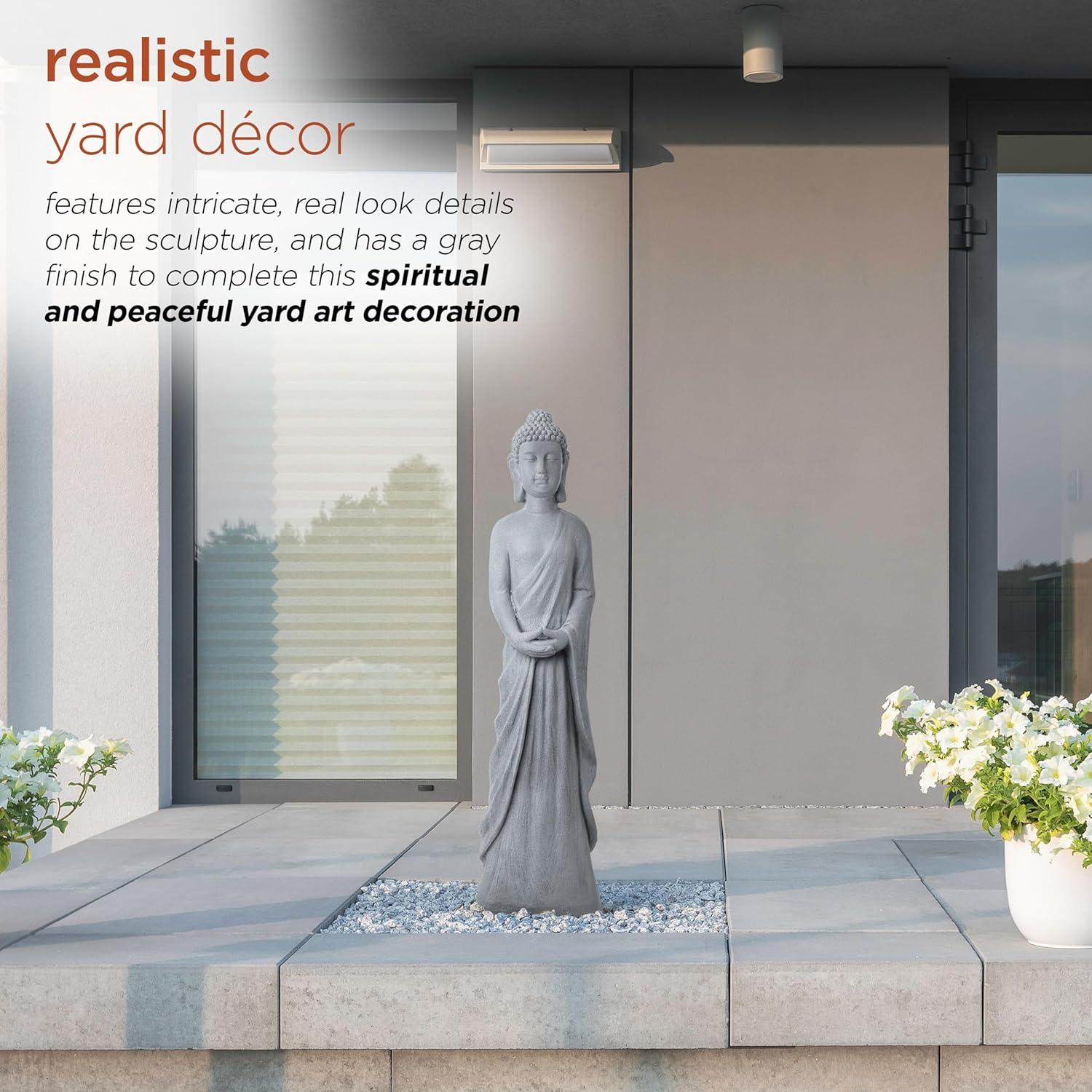 32" Magnesium Oxide Standing Buddha Statue Gray - Alpine Corporation: Outdoor Decor, Garden Accent
