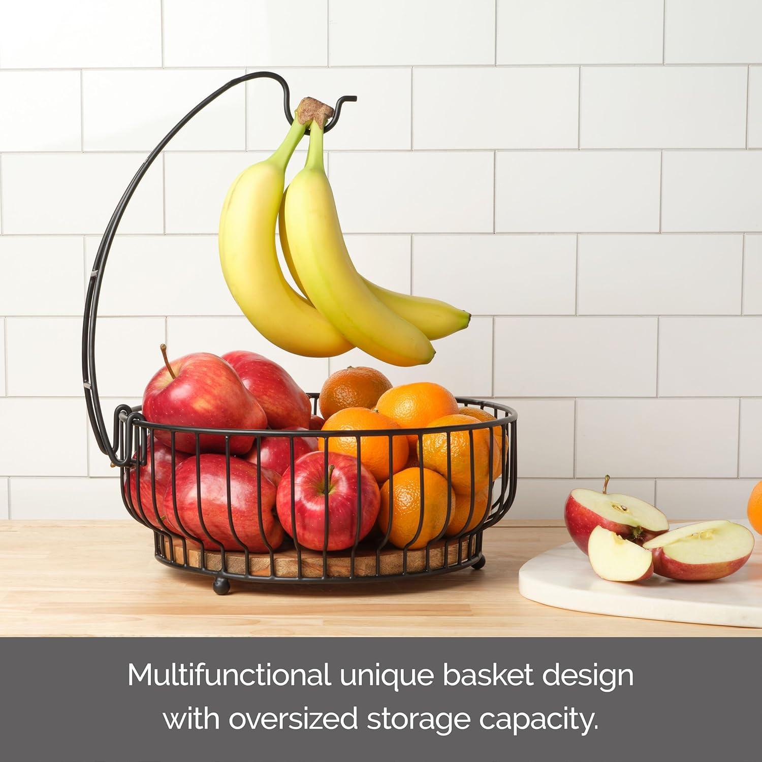 Black Iron and Mango Wood Fruit Basket with Banana Hook