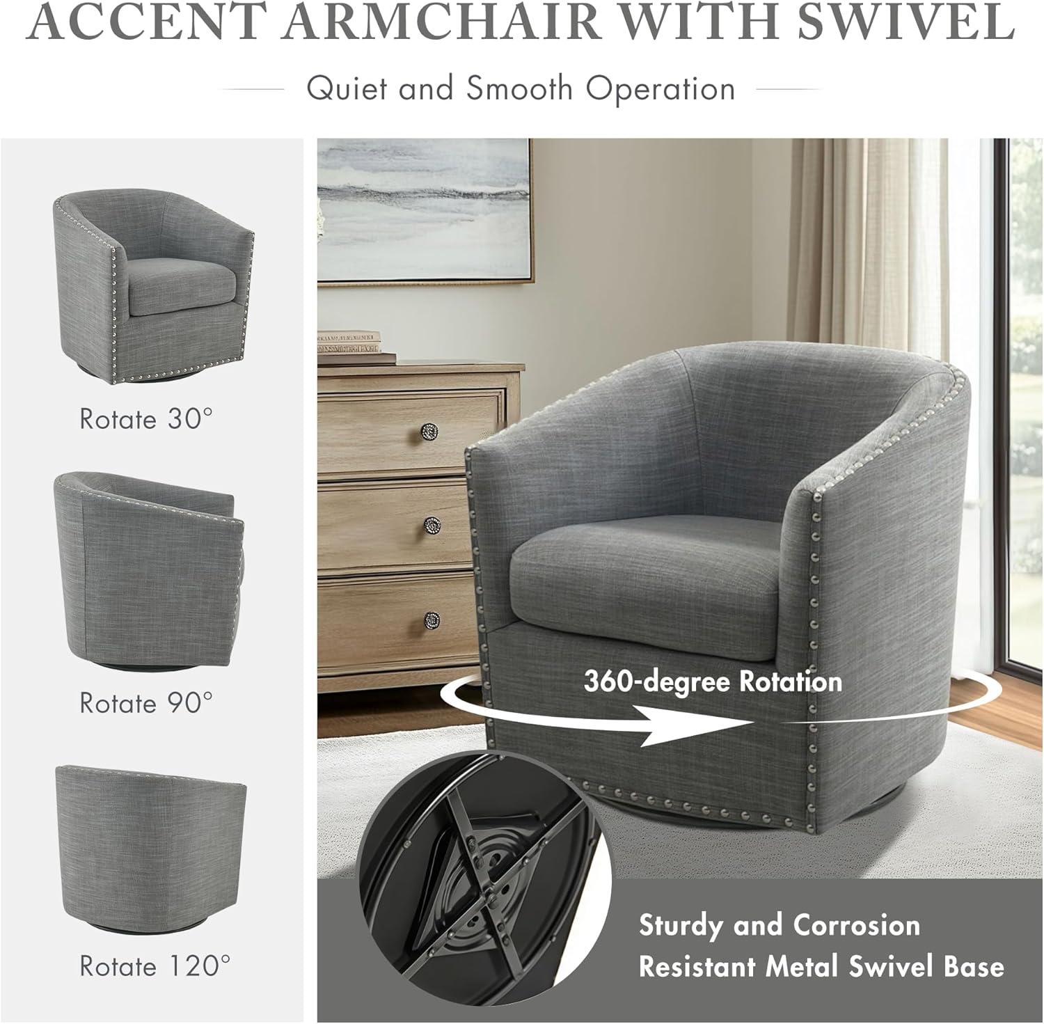 Sheldon Swivel Chair Gray - Madison Park: Elegant Upholstered Lounge, Nailhead Trim, 360° Rotation