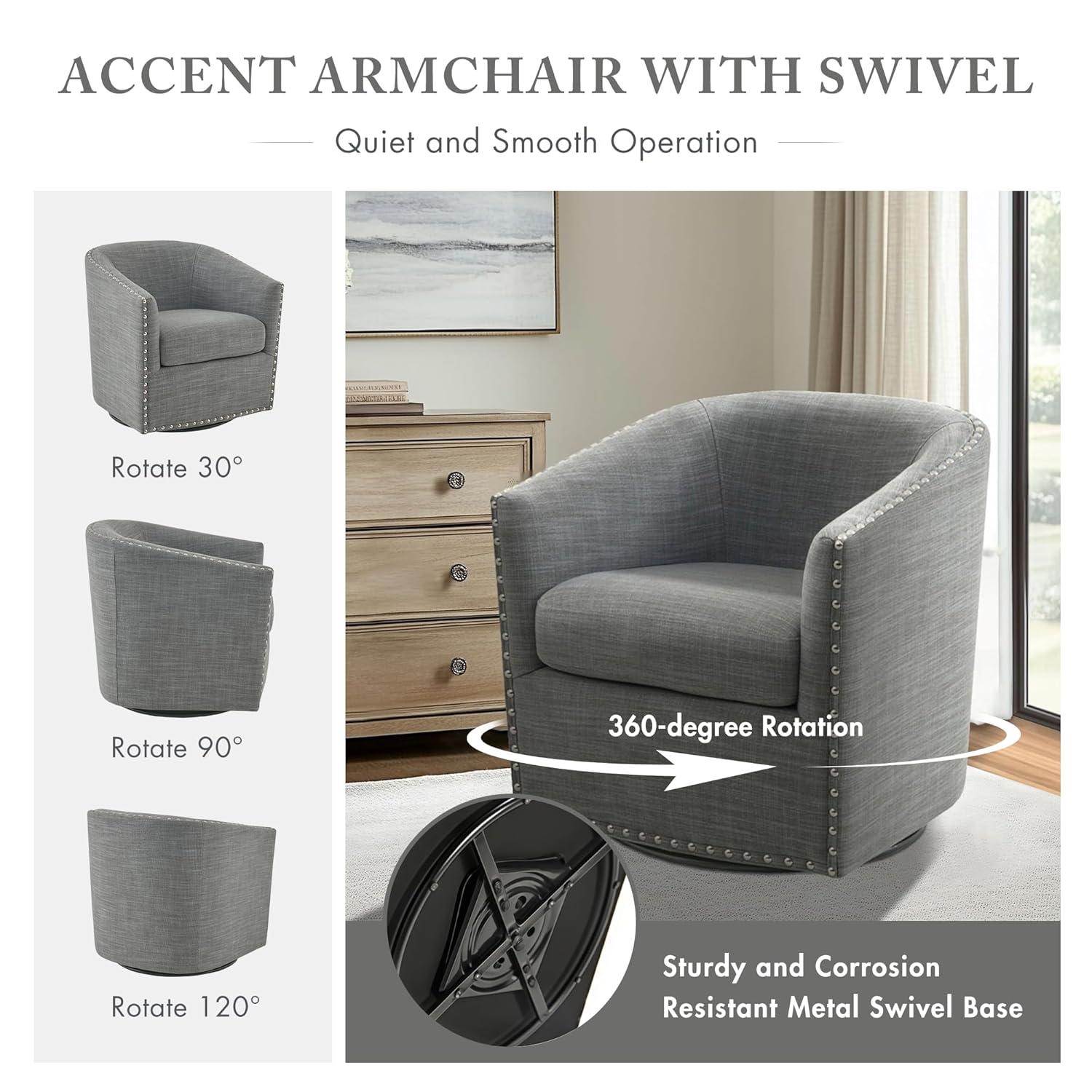 Sheldon Swivel Chair Gray - Madison Park: Elegant Upholstered Lounge, Nailhead Trim, 360° Rotation