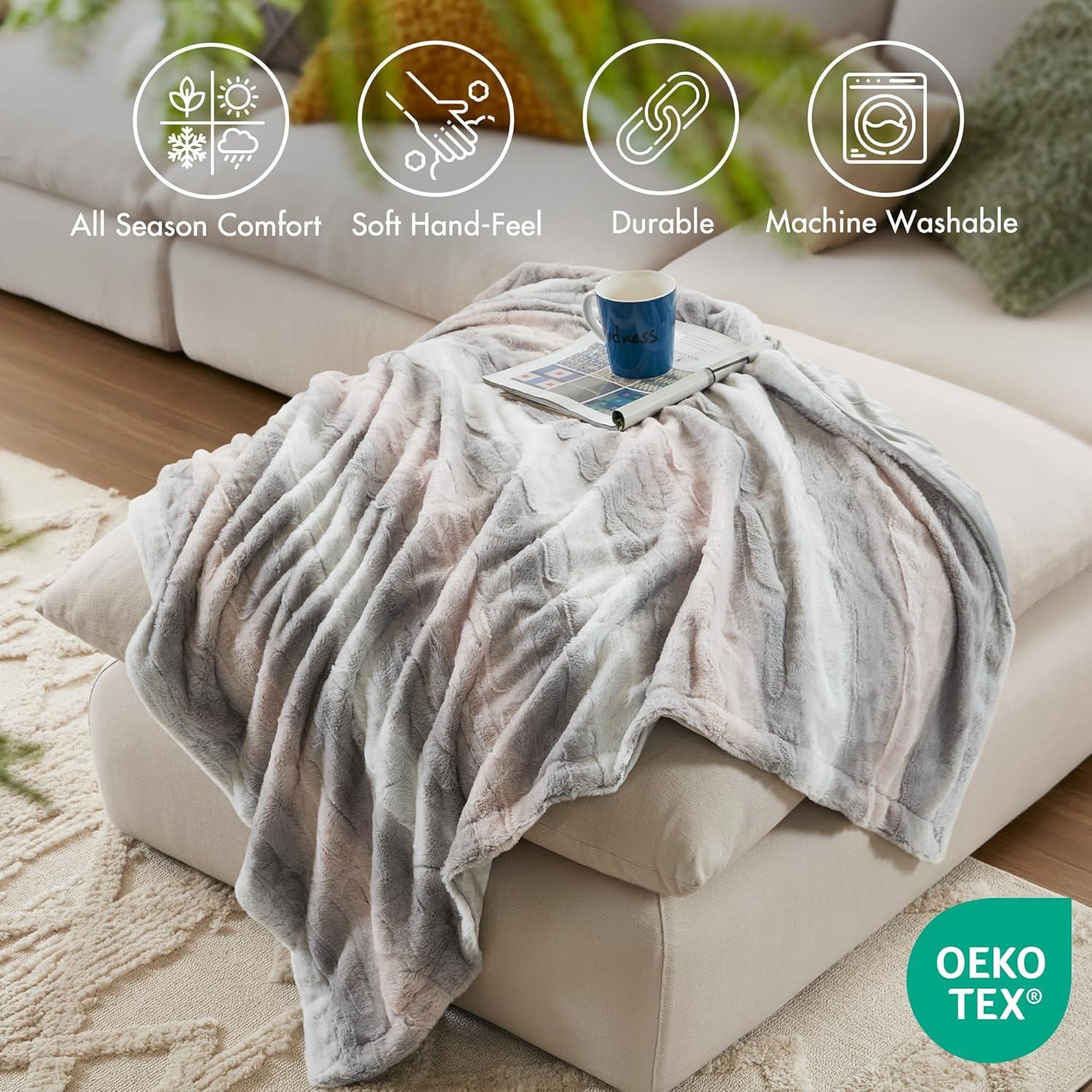 60"x70" Oversized Marselle Faux Fur Throw Blanket Blush/Gray - Madison Park