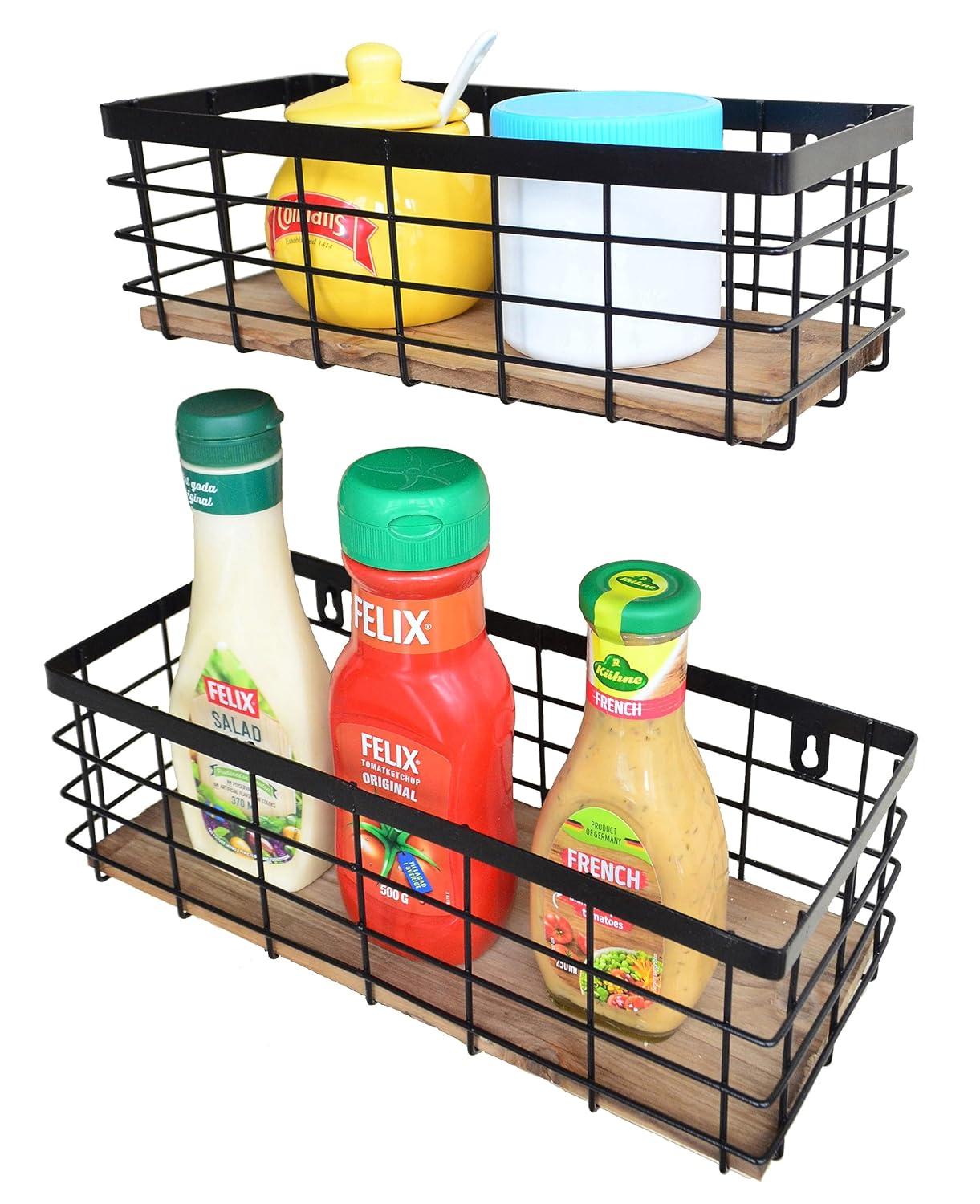 Metal Wire Basket Detachable Wood Base Storage Organizer Farmhouse Small Bins for Kitchen Cabinets, Bathroom, Pantry, Laundry Room, Closets Set of 2,Black Color
