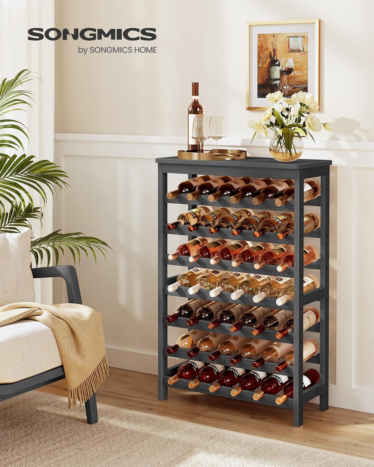 SONGMICS 42-Bottle Wine Rack Free Standing Floor, 7-Tier Display Wine Storage Shelves with Table Top, Bamboo Wobble-Free Bottle Holder, Ink Black