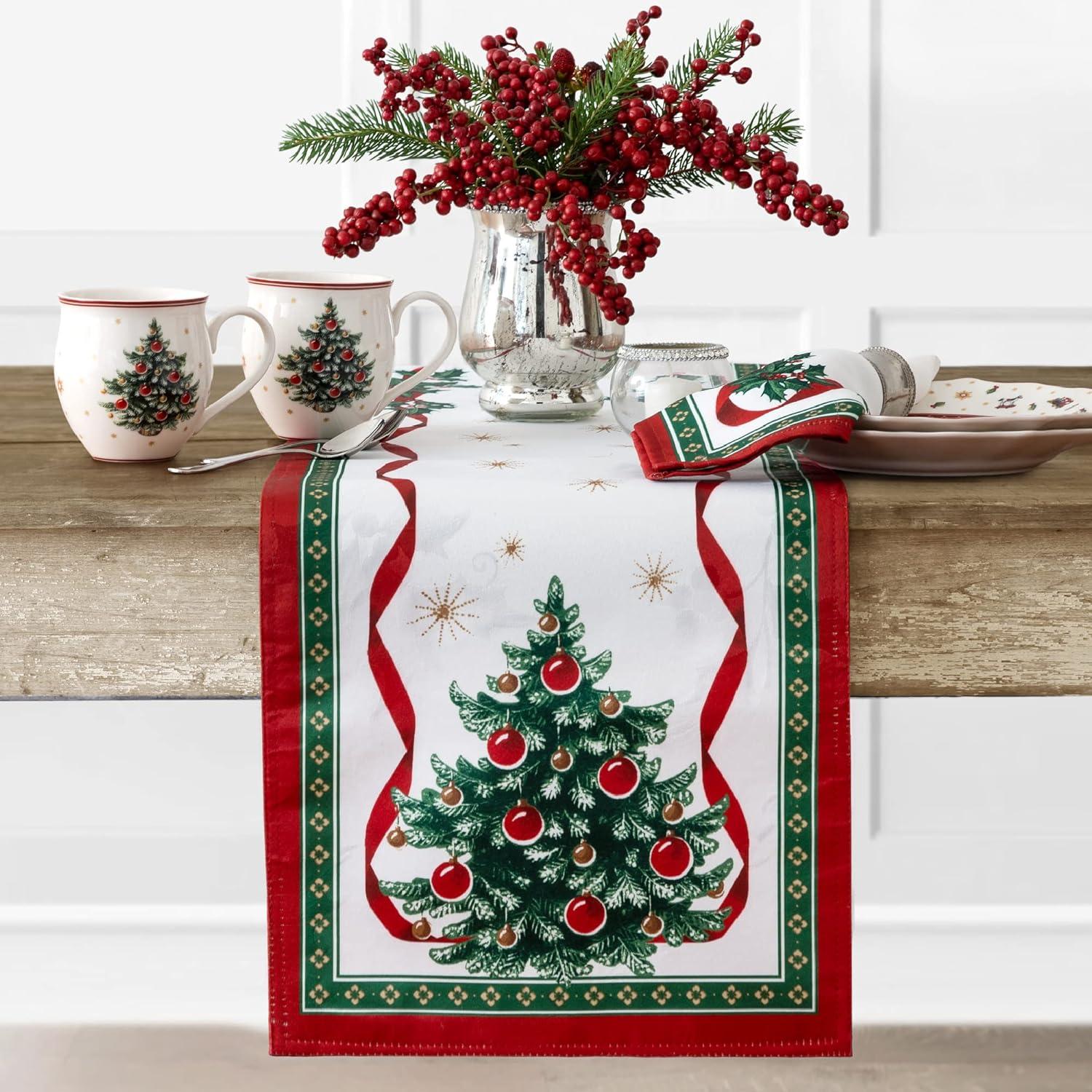 Festive Christmas Tree Polyester Table Runner with Trim Embellishment