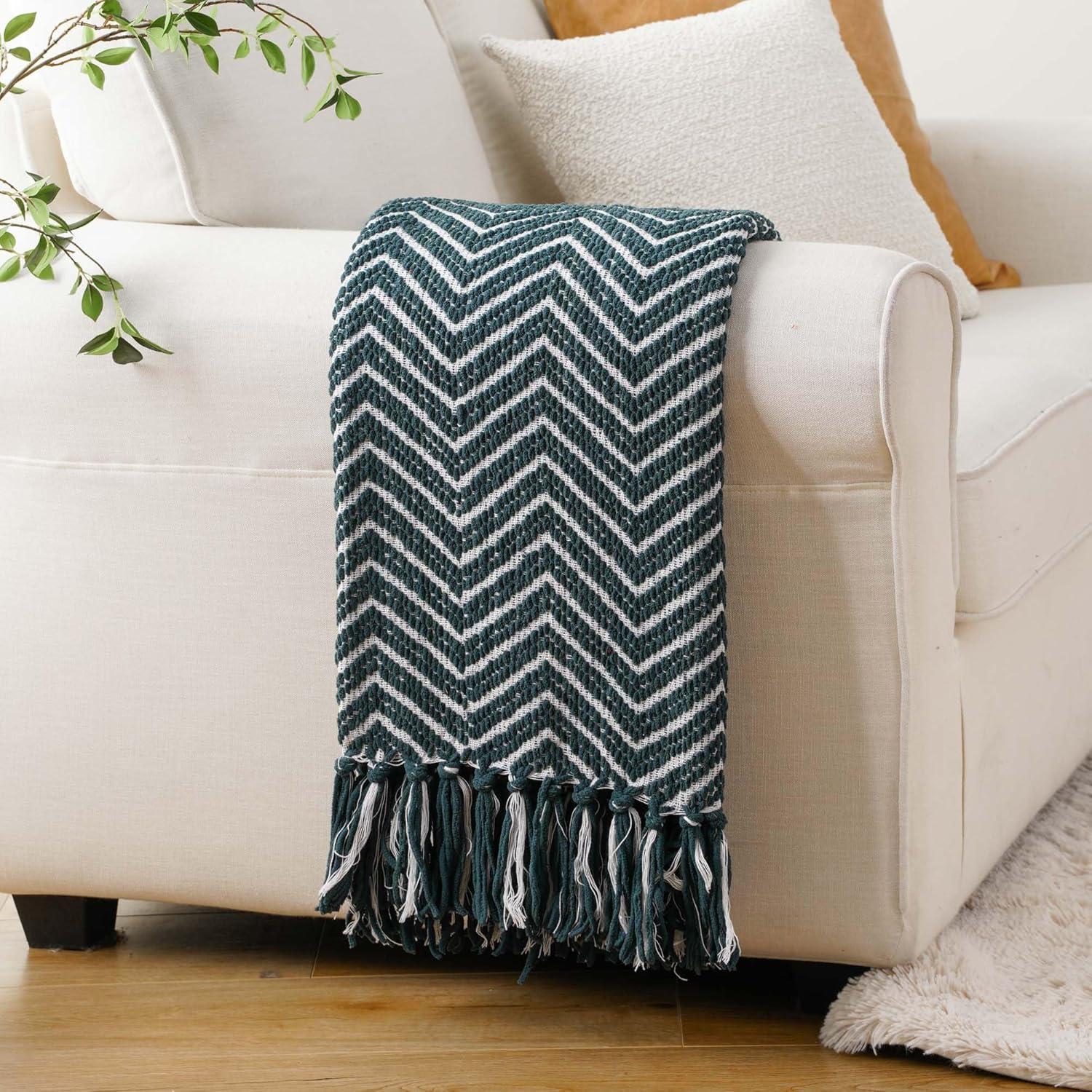 Dark Green and White Knitted Reversible Throw Blanket with Fringe