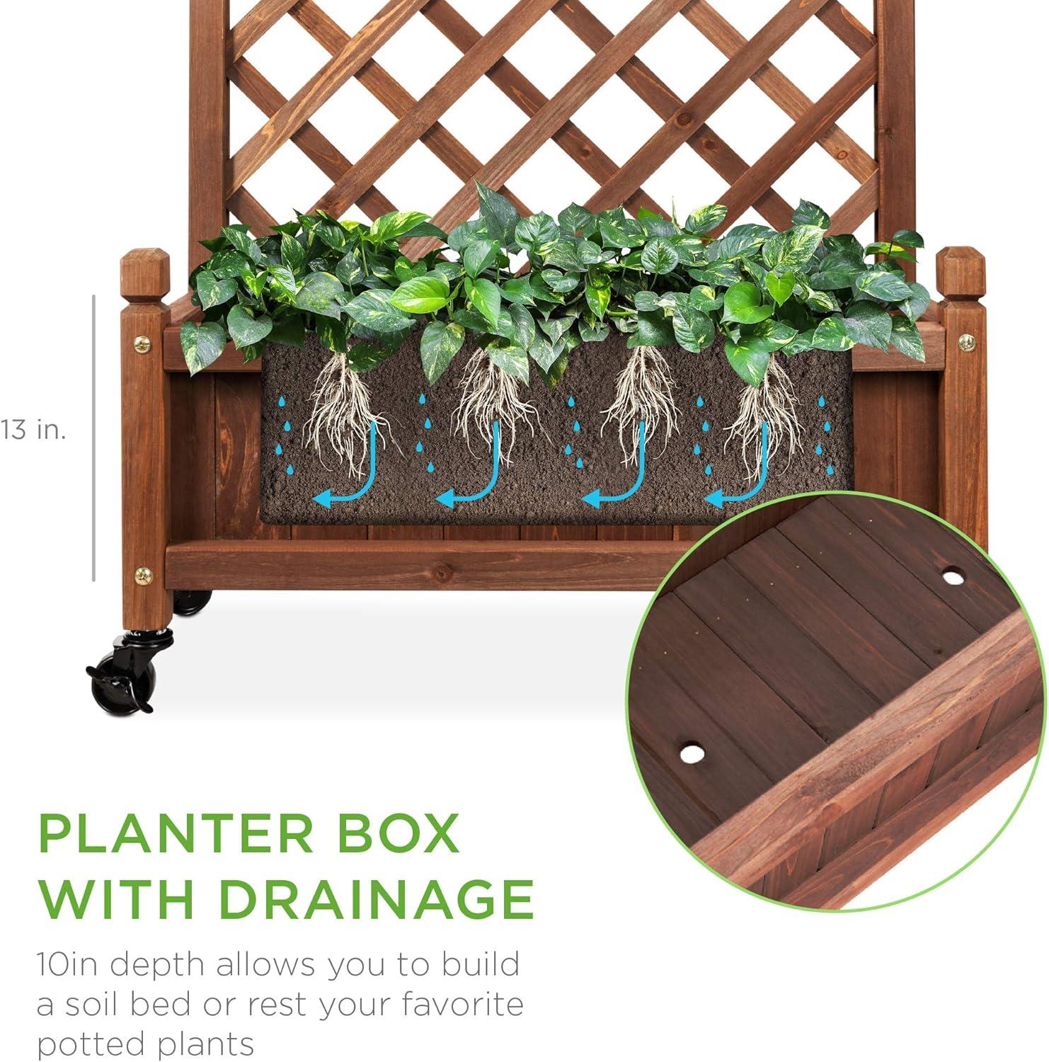 60in Wood Planter Box & Diamond Lattice Trellis, Mobile Outdoor Raised Garden Bed for Climbing Plants w/Drainage Holes, Optional Wheels - Walnut