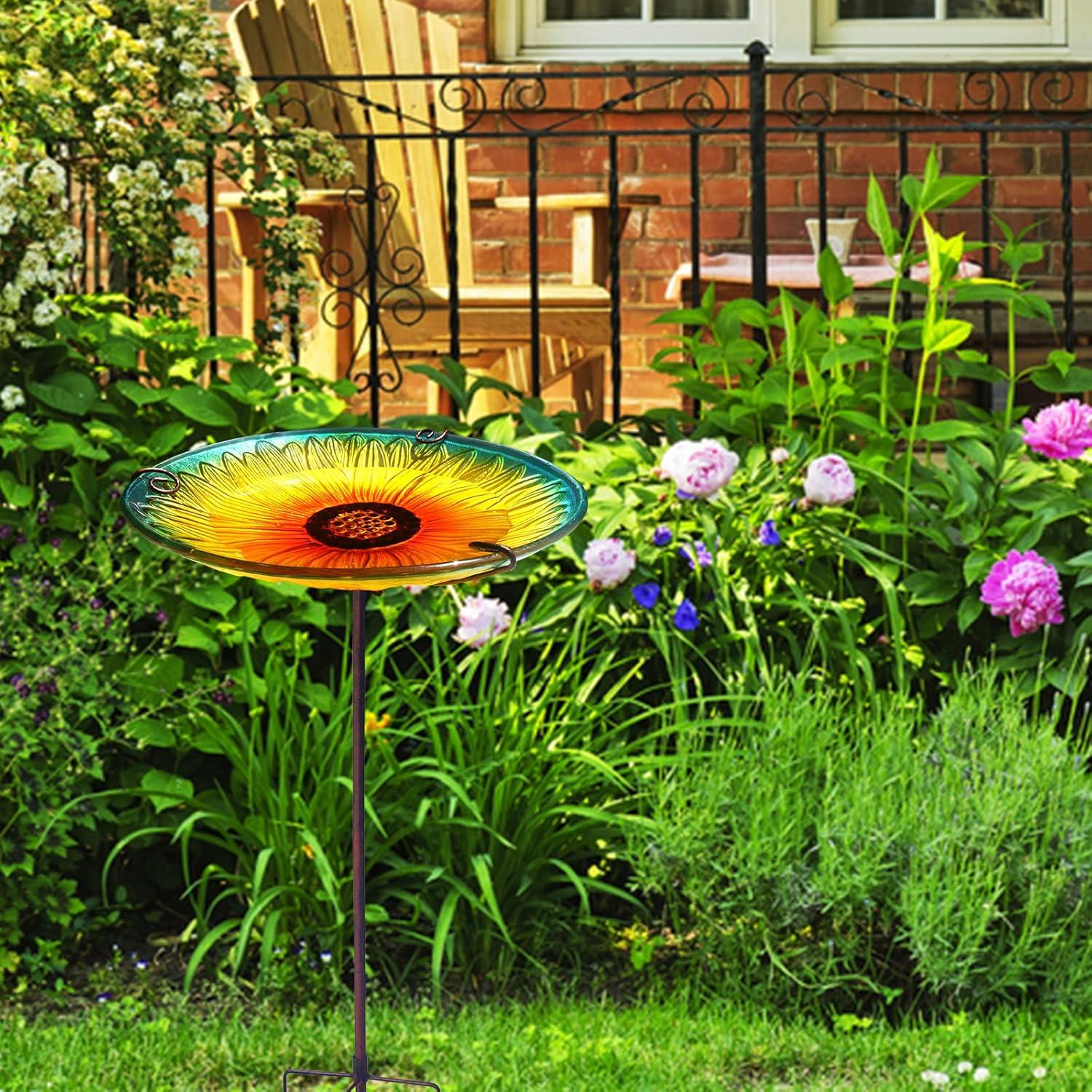 Evergreen Garden 2GB209 11 Inch Peacock Glass Bird Bath Bowl with Metal Stake