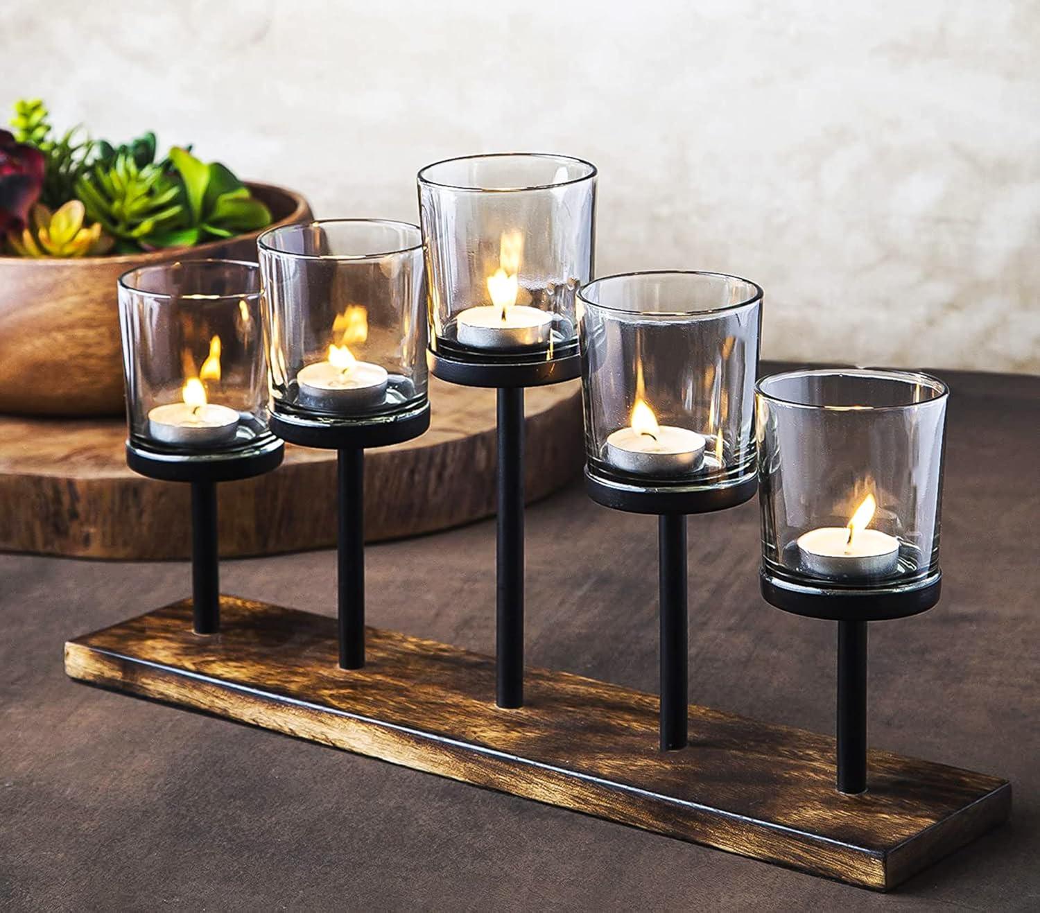 Le'raze Elegant Decorative Votive Candle Holder Centerpiece, 5 Glass Cups on Wood Base-Tray