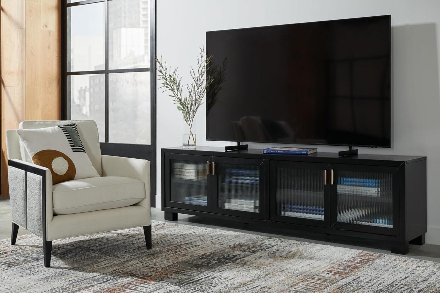 Winbardi Black 85" TV Stand with Glass Doors and Cabinets