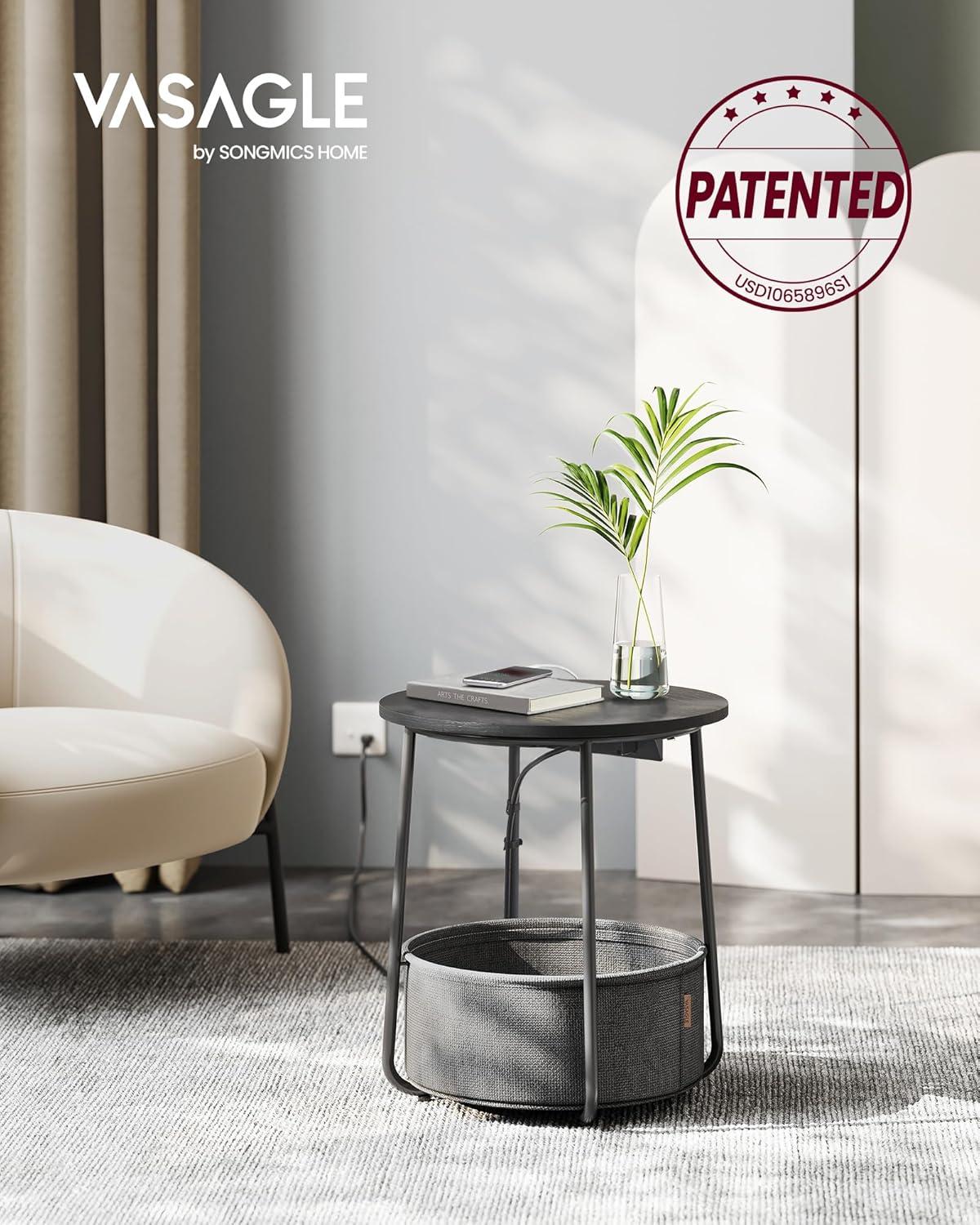Ebony Black and Slate Gray Round Metal Side Table with Charging Station