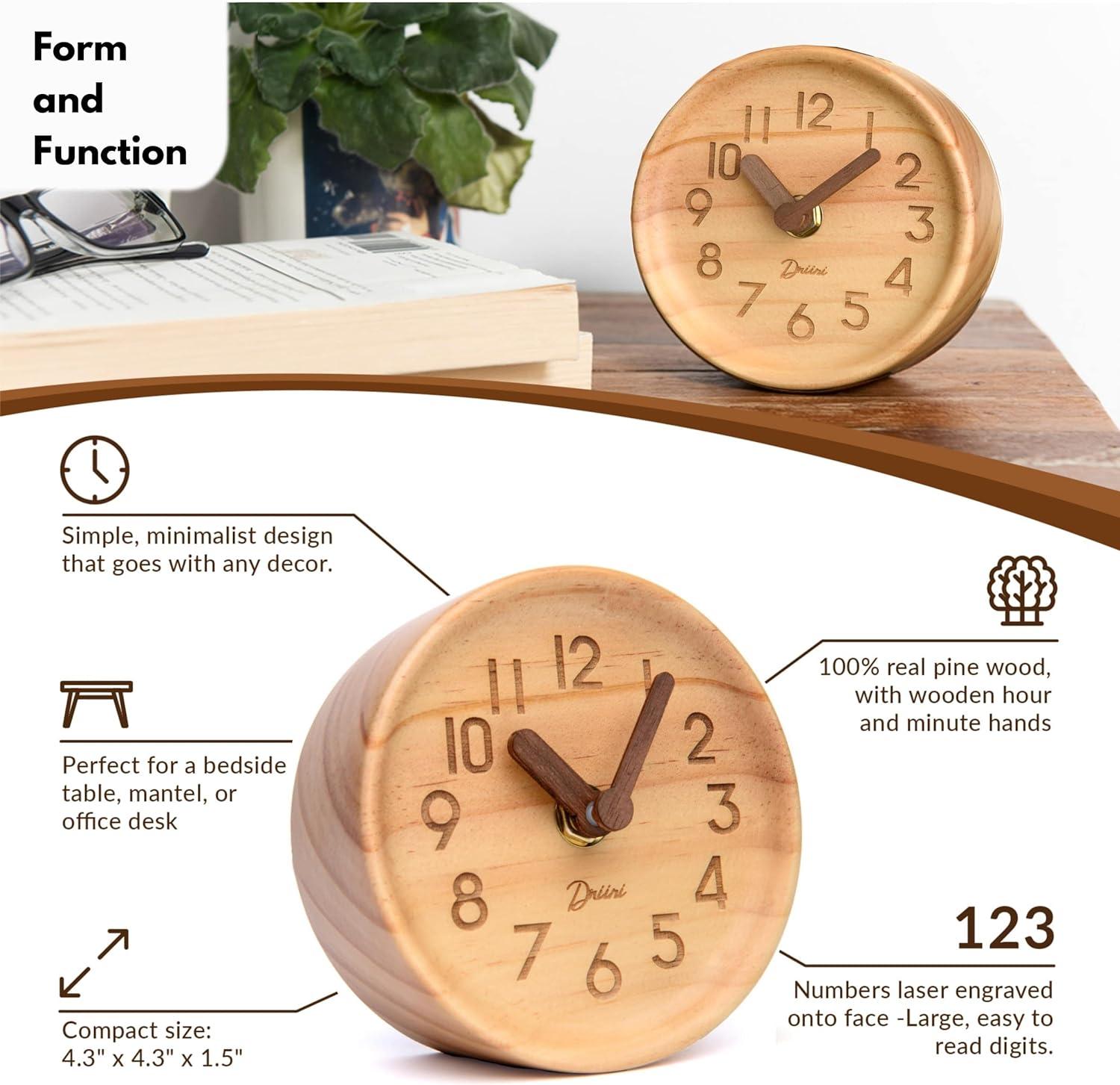 Driini Wooden Analog Desk Clock  – Easy to Read; Silent Sweep Table Decor