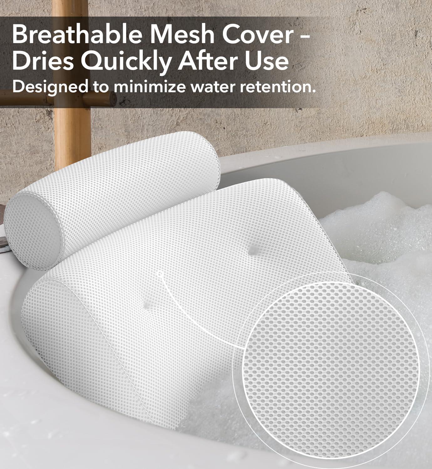 White Mesh Ergonomic Bath Pillow with Suction Cups