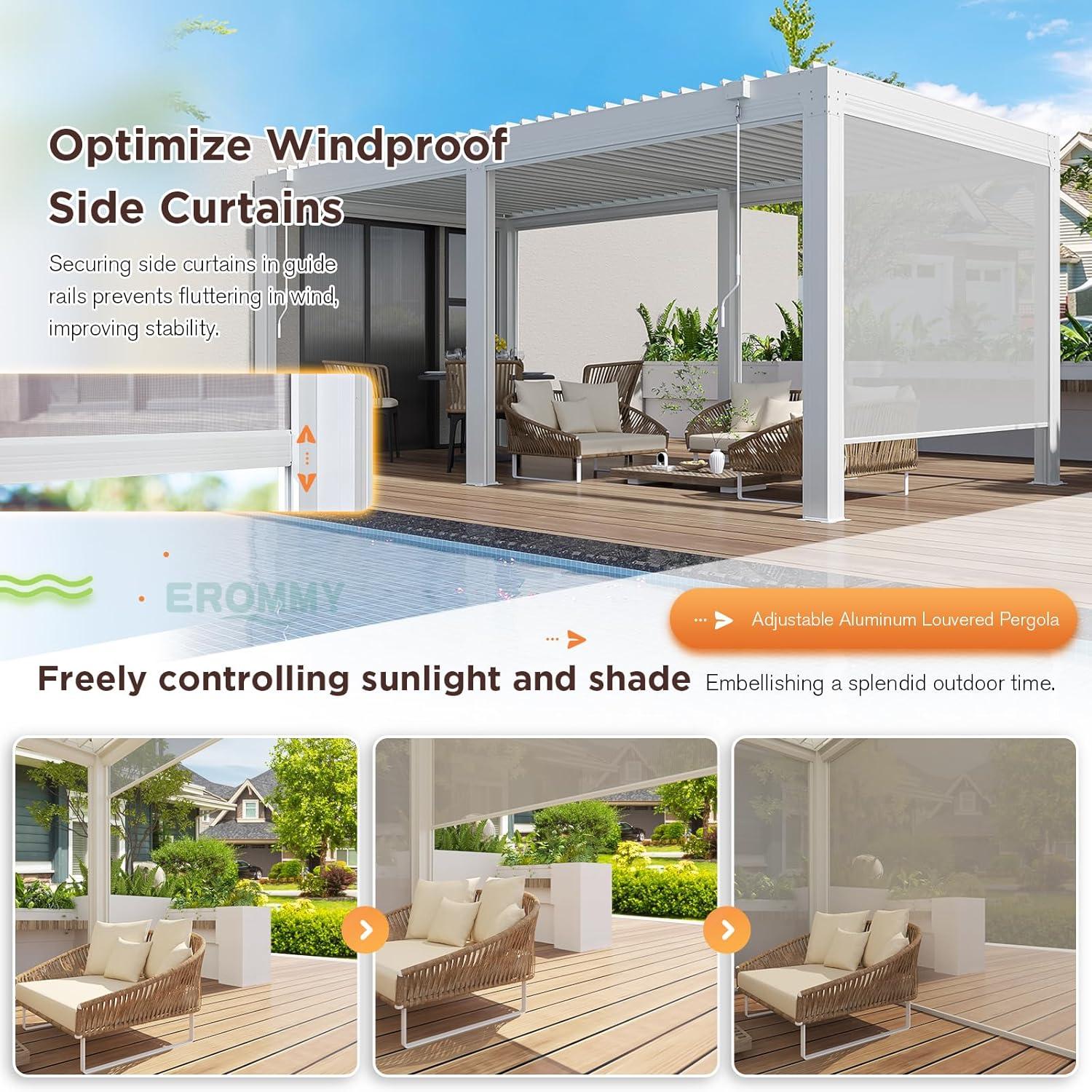 Erommy  Outdoor Louvered Pergola Gazebo with Adjustable Aluminum Rainproof Roof 10'x20' Pull Down - White