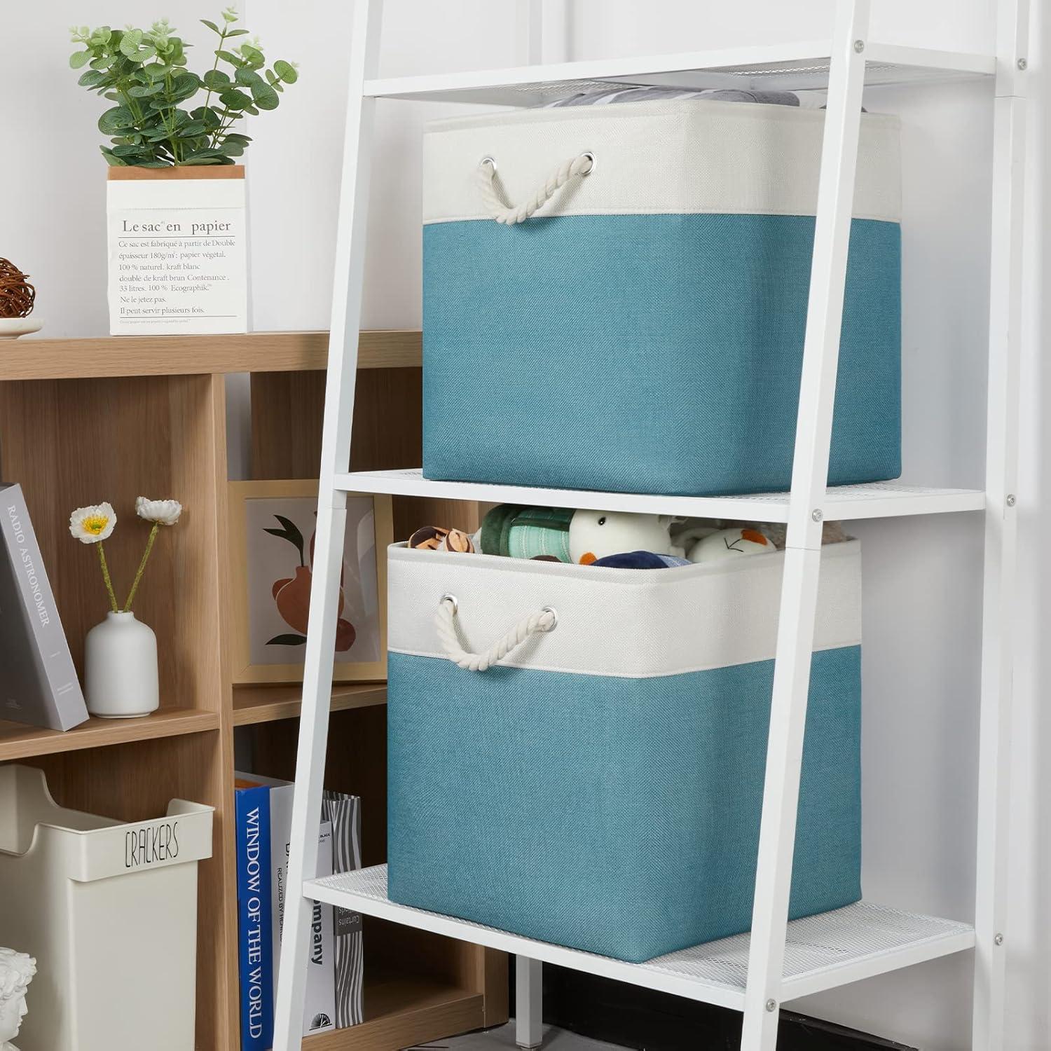 Tegance 13x13 Storage Cubes Baskets 4 Pack Fabric Cube Storage Bins Large Storage Baskets with Leather Handles,Decorative Storage Boxes for Organizing Shelves(WhiteGreen)