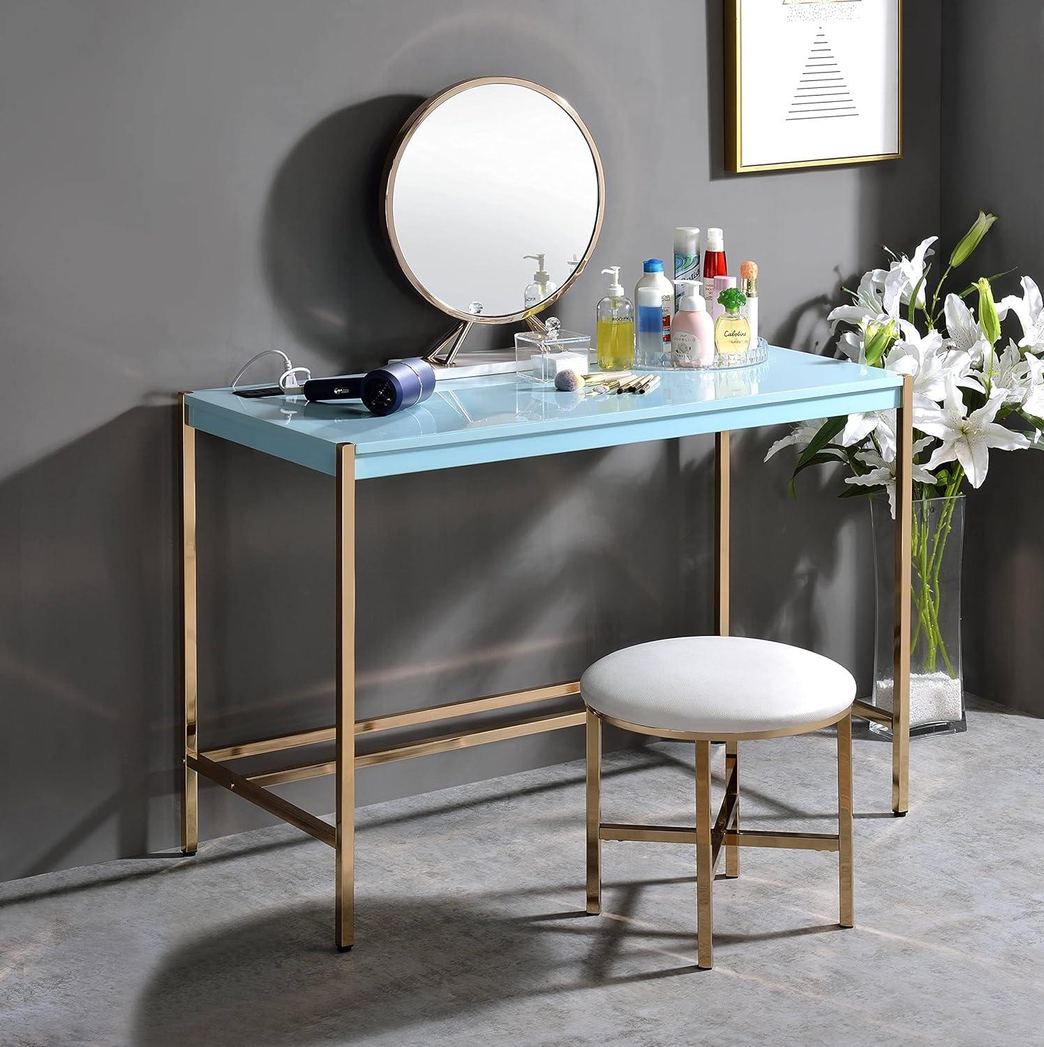 42" Midriaks Writing Desk Baby Blue/Gold Finish - Acme Furniture: Chic Office Furniture with USB Ports