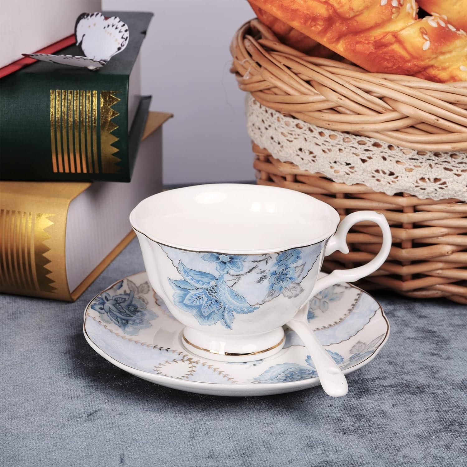 DOFLIC Porcelain Tea Set, Tea Cup and Saucer Set Service for 6, Wedding Tea Set