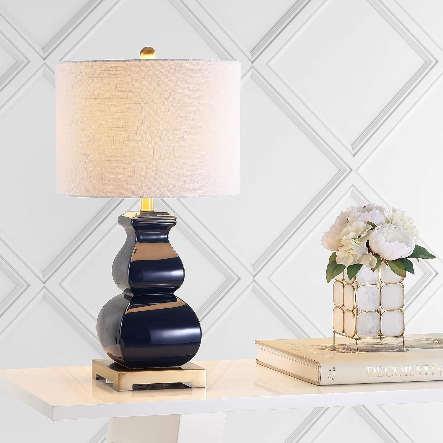 Navy and Gold Ceramic LED Table Lamp with Linen Shade