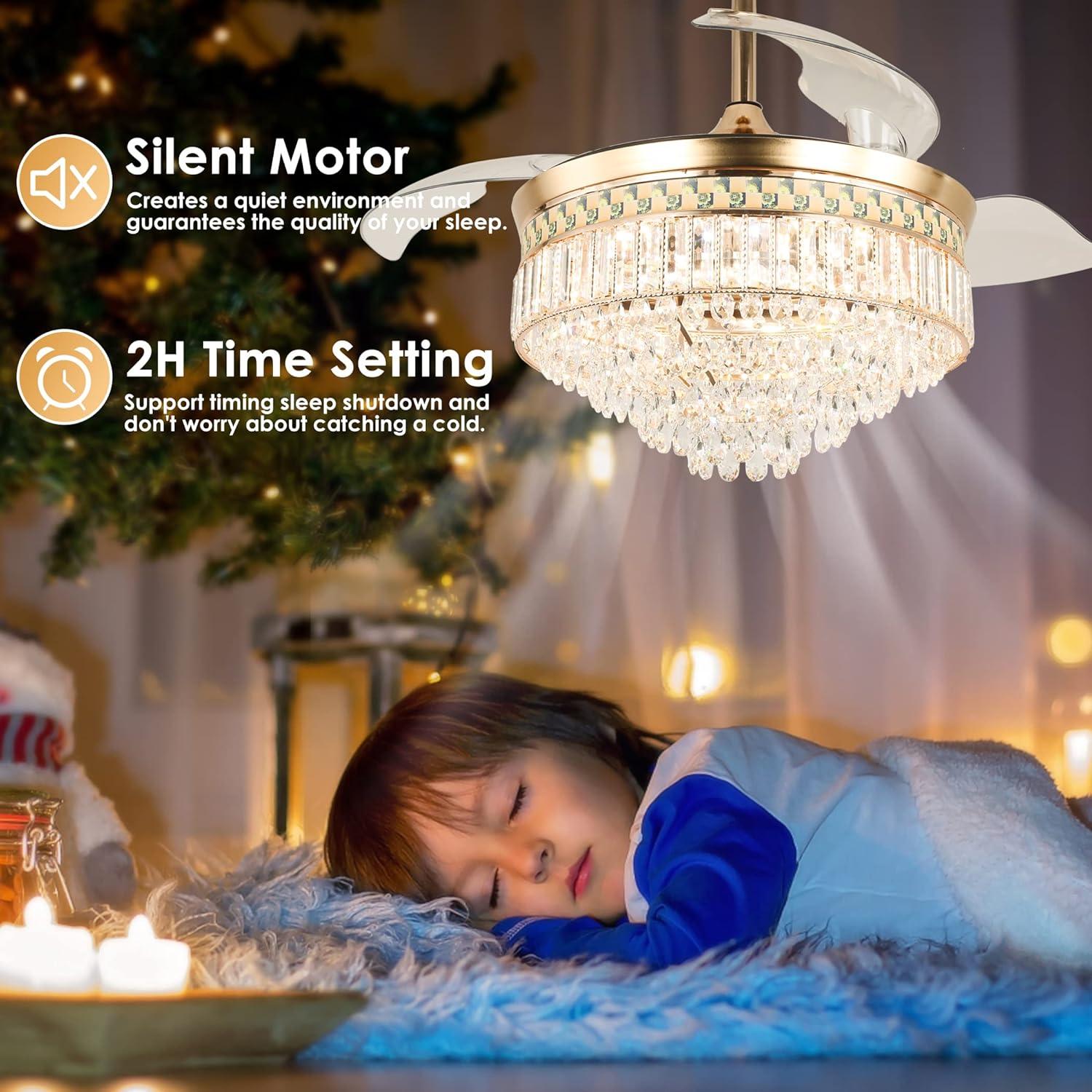 HOOMEDELIER 42" Chandelier Ceiling Fan with Remote, Crystal Beads Framed Fan with 4 Retractable Blades Smart Indoor Fandelier Fan