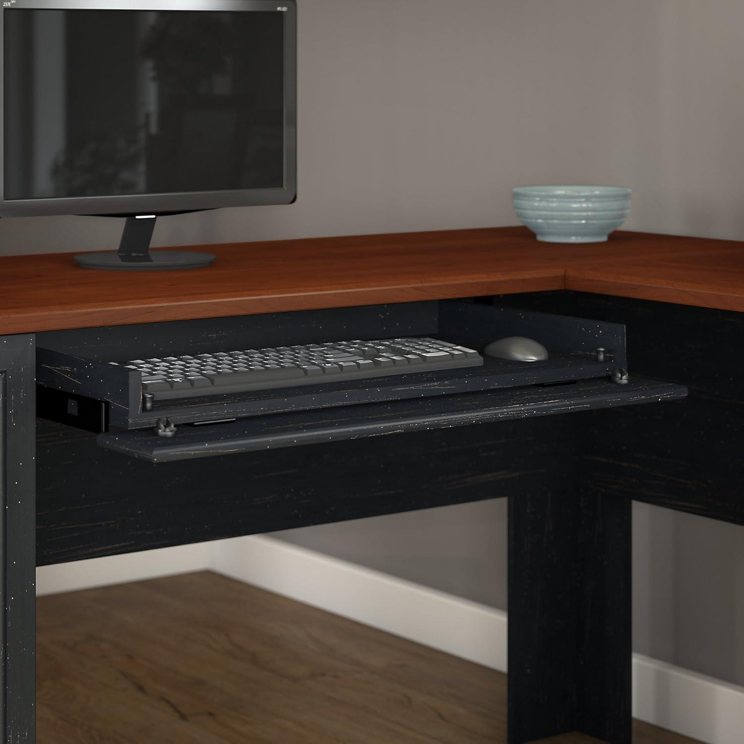 Antique Black Wood Corner Desk with Drawer and Keyboard Tray