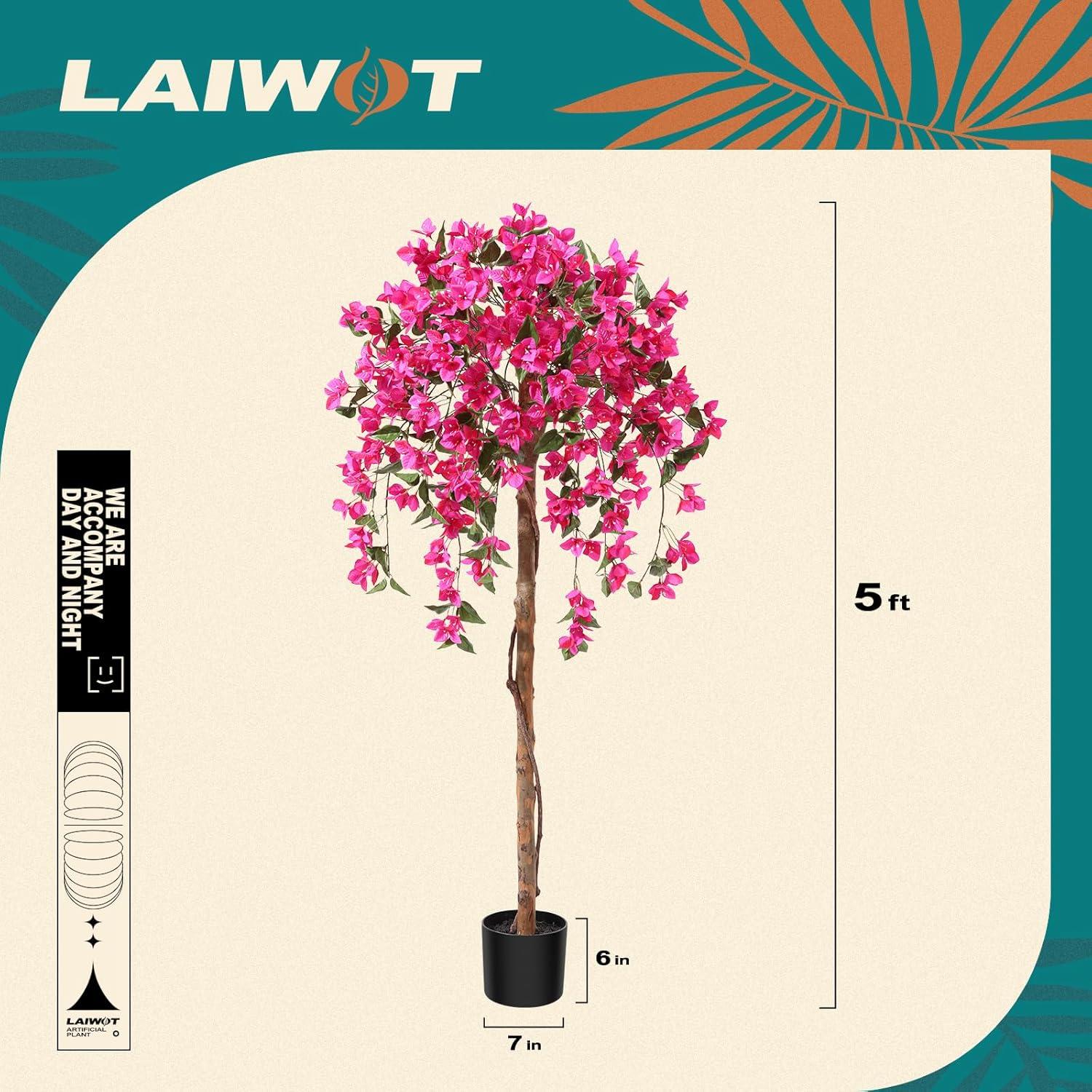 5FT Artificial Bougainvillea Tree Potted Fake Plant with Wood Trunk and Pink Flowers for Indoor Office Wedding Home Decor