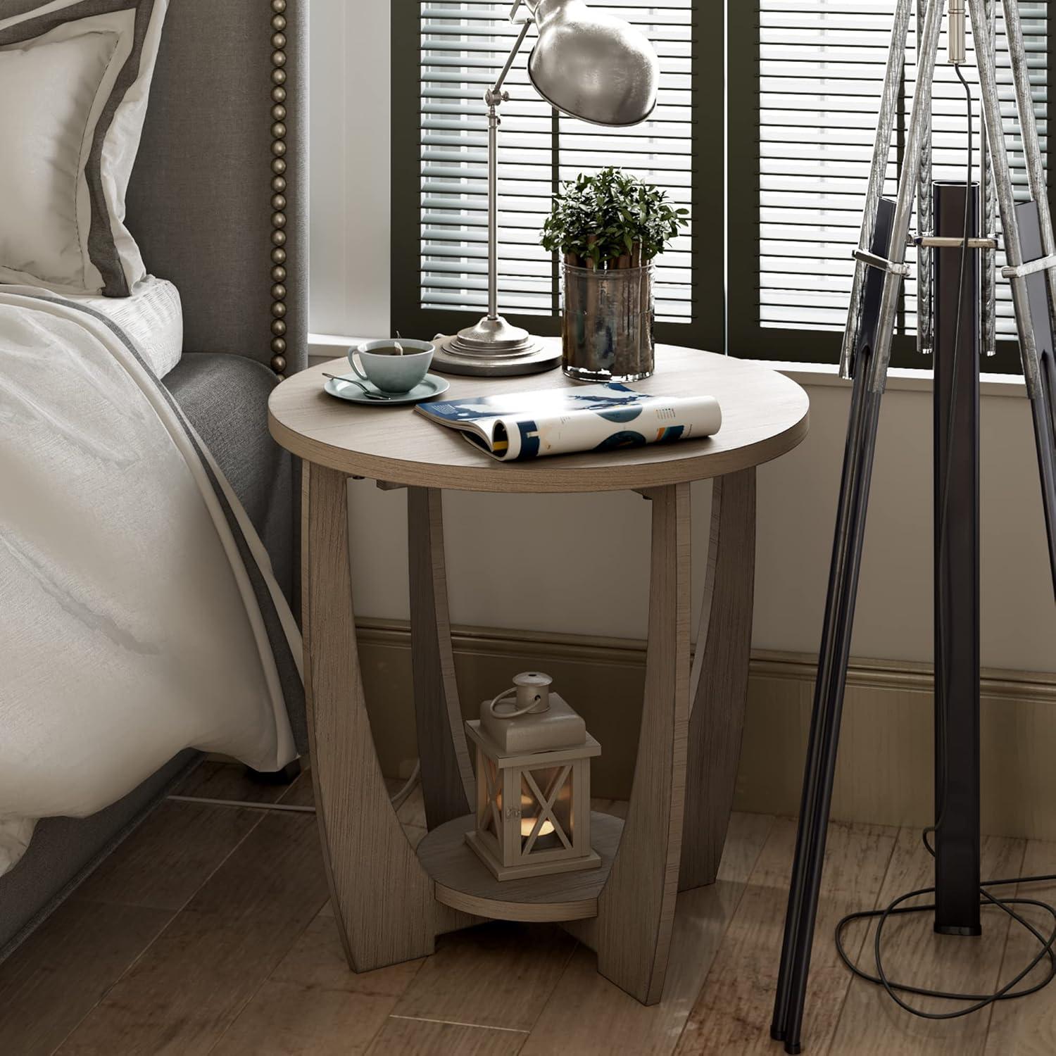 Rustic Round Wood End Table with Storage Shelf