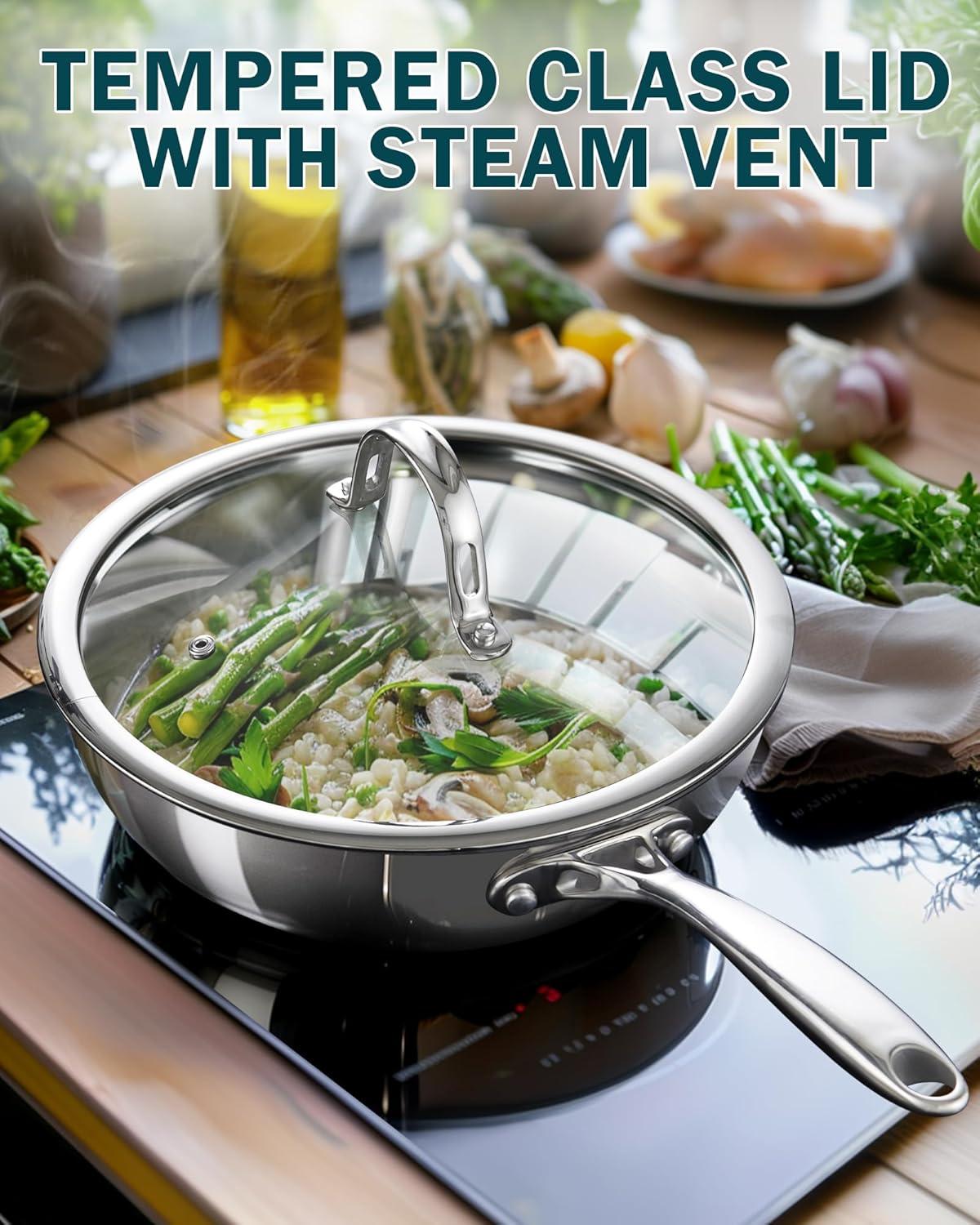 Cooks Standard Cooks Standard Multi-ply Clad Stainless Steel Wok Stir Fry Pan, 10.5 Inch Induction Wok With Lid, Flat Bottom Wok, Silve