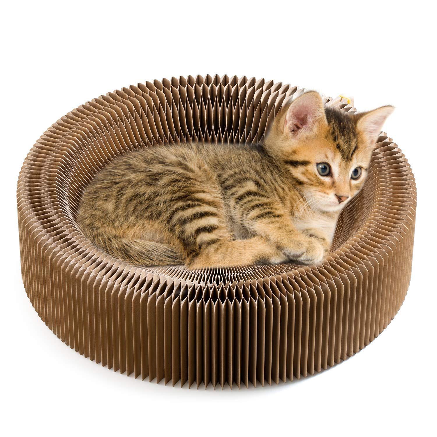 Collapsible Cat Scratcher Lounge Bed, Cardboard Cat Bed, Corrugated Pet Scratcher Pad, Round Shape Cat Scratching Bed Nest for Indoor Big Large Kitty Kitten Cats