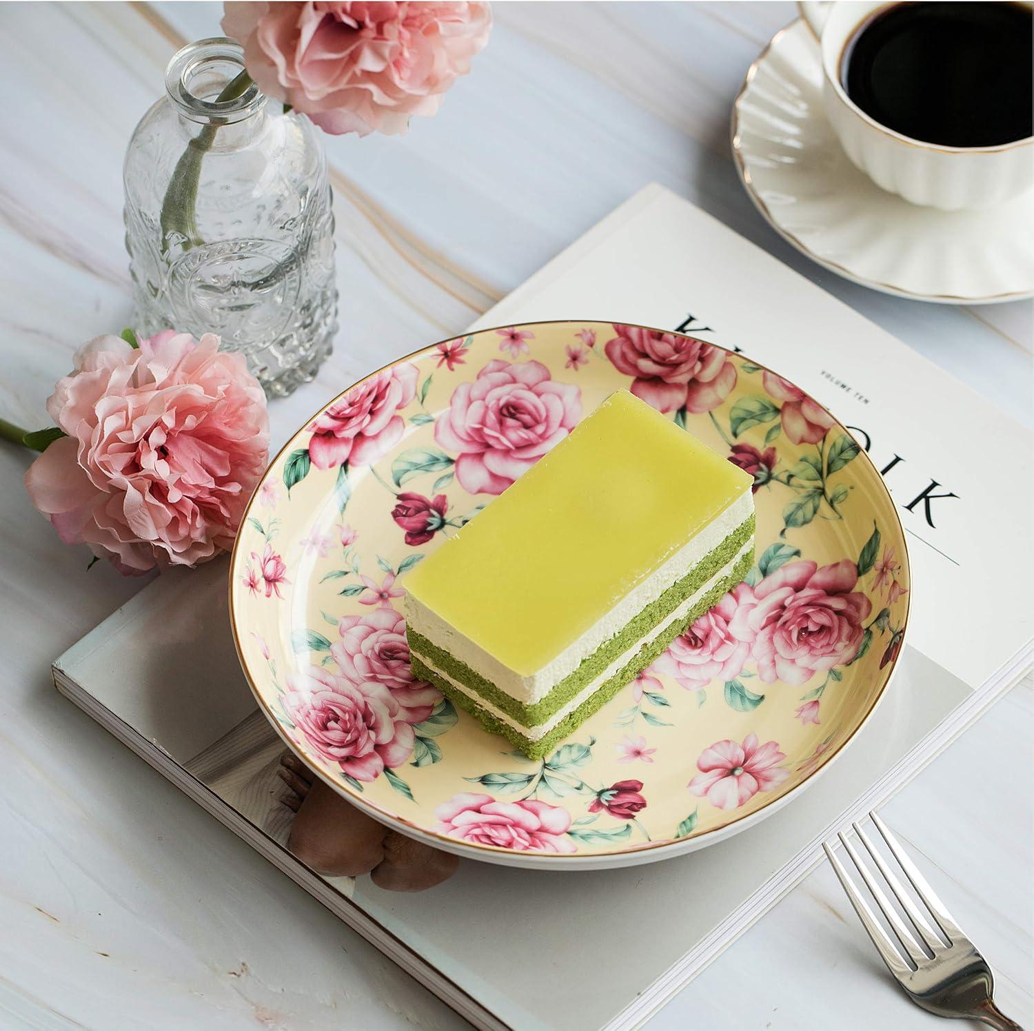 BTaT- Porcelain Floral Dessert Plates, 8 inch, Set of 6, Deep Plates
