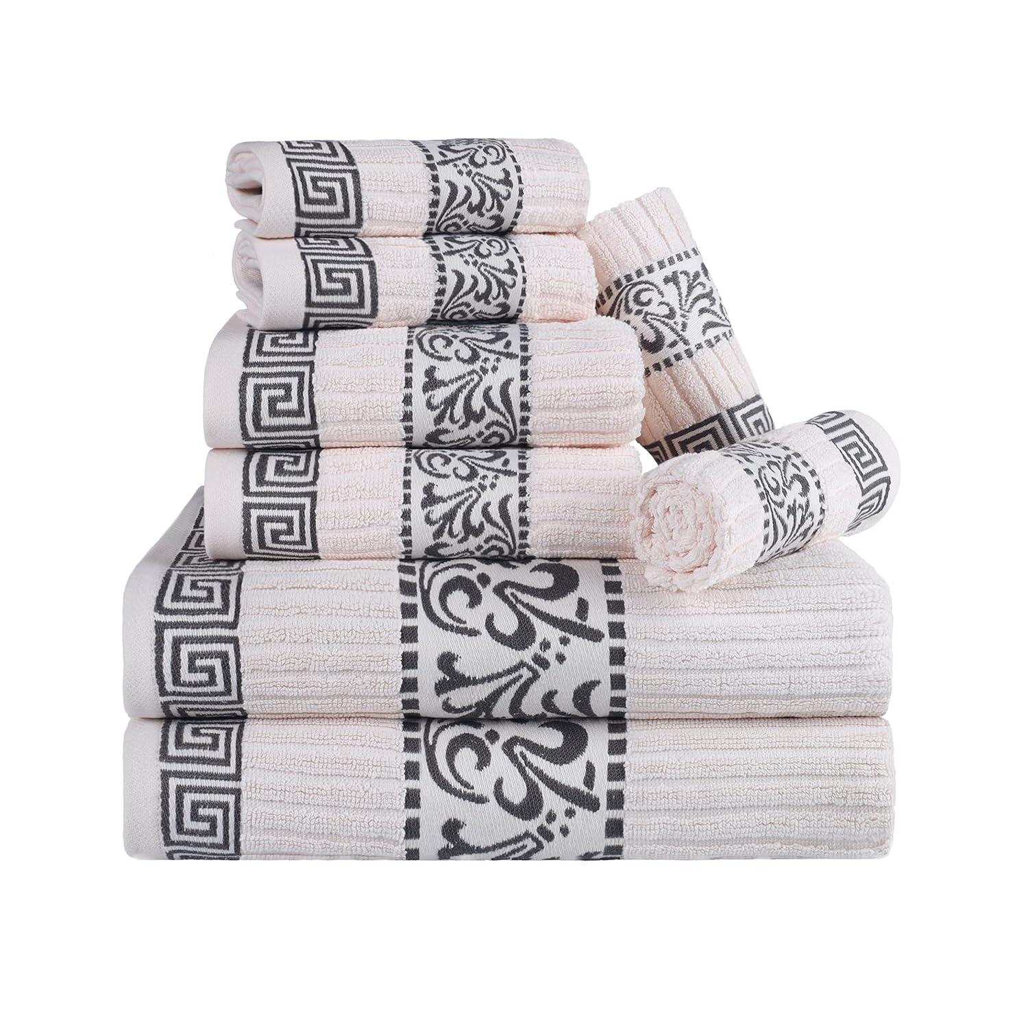 Superior Athens Cotton Medium Weight Floral Border Greek Key Trim 8 Piece Assorted Towel Set by Superior
