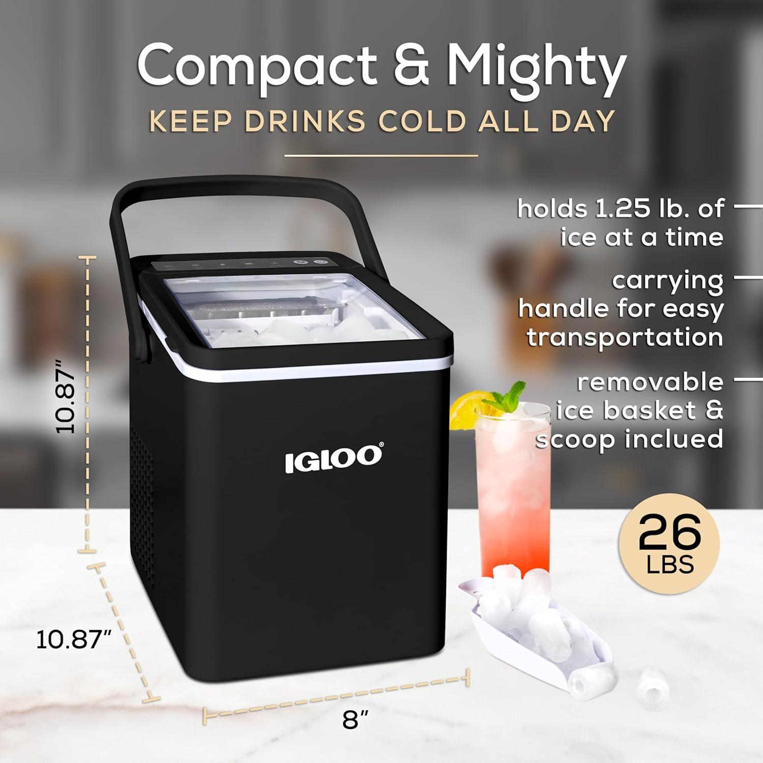 Igloo Handled Automatic Ice Machine Self Cleaning Countertop Ice Maker with Scoop, Black