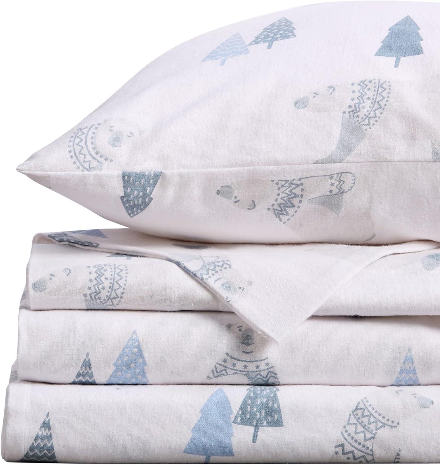 Full White Cotton Flannel Deep Pocket Sheet Set with Polar Bear Print