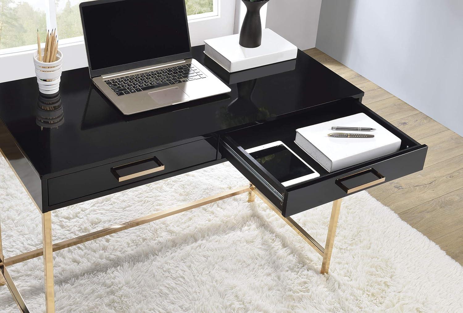 Alios Desk with Black Gloss Finish and Rose Gold Metal Frame