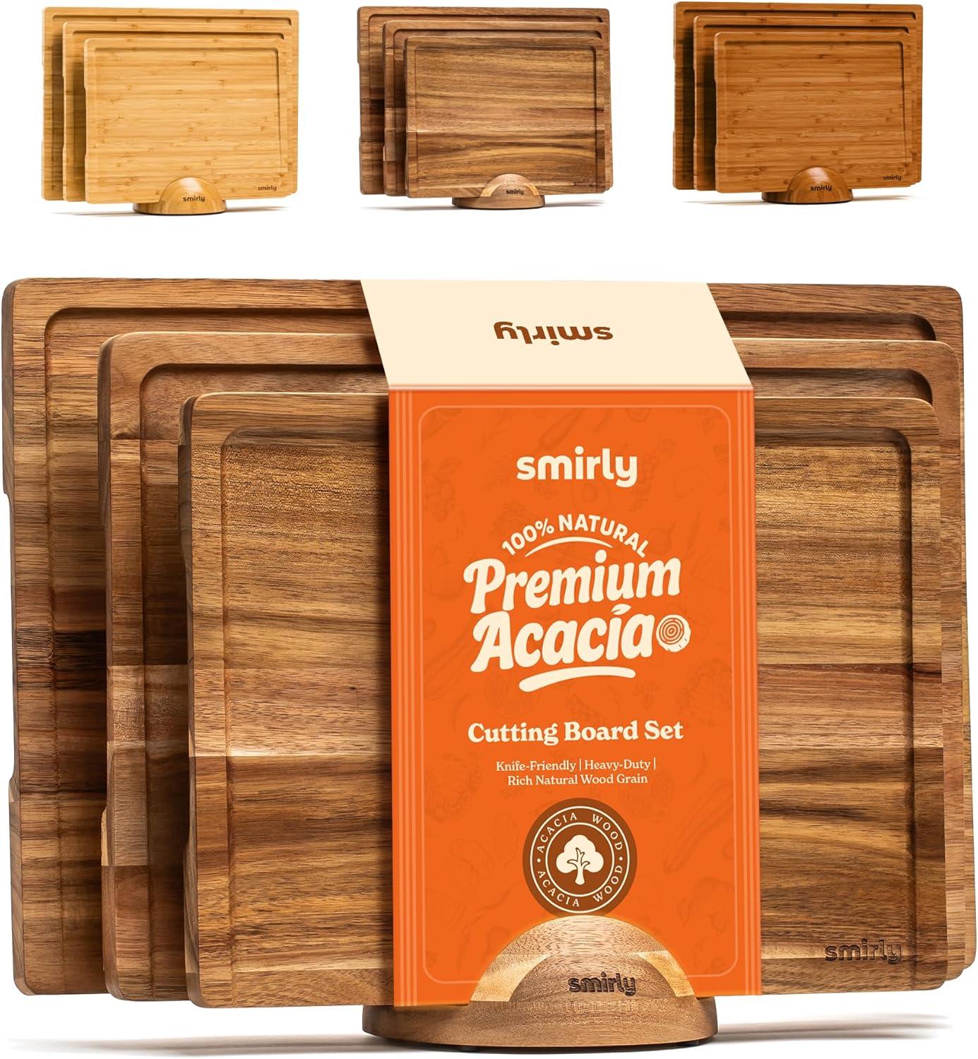 SMIRLY Cutting Board Set Small, Medium & Large Bamboo Cutting Boards with Holder, Brown