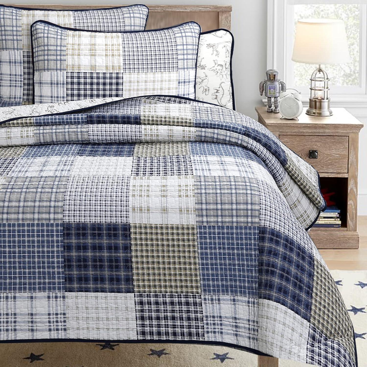 Cozy Line Home Fashions Benjamin Cute Dinosaur Plaid Printed Pattern 100% Cotton Quilt Bedding Set, Reversible Coverlet,Bedspread for Kids Boy (Dinosaur,Queen - 3 Piece)