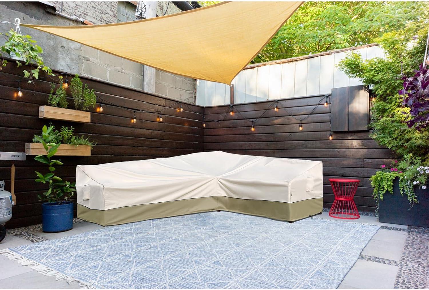 Outdoor Sectional Cover-V-Shaped Garden Patio Furniture Covers Waterproof Rip-Stop Anti-UV 600D Heavy Duty Outdoor Couch Cover with 3 Air Vents Sofa Cover 85''L 33.5''D 31''H,Beige & Reddish Brown