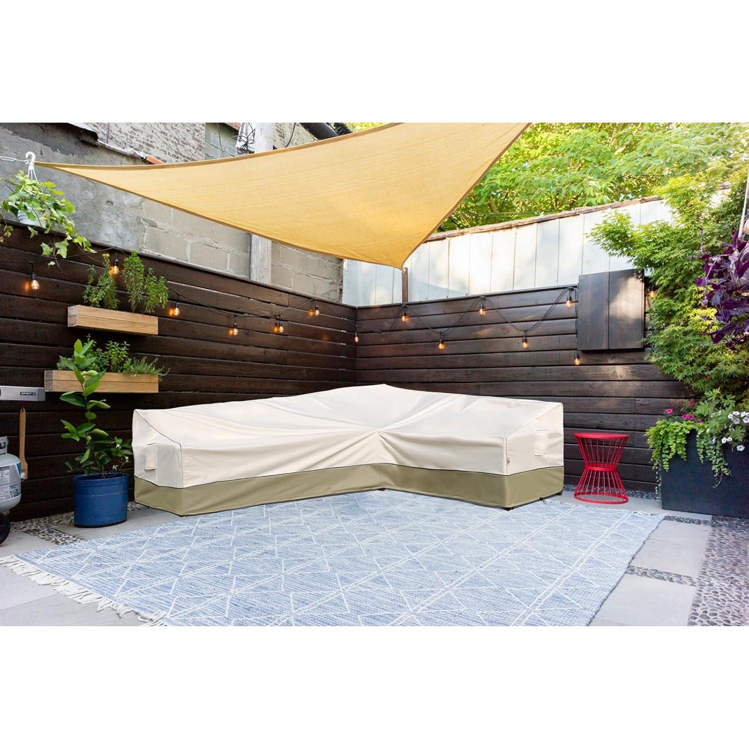 Outdoor Sectional Cover-V-Shaped Garden Patio Furniture Covers Waterproof Rip-Stop Anti-UV 600D Heavy Duty Outdoor Couch Cover with 3 Air Vents Sofa Cover 85''L 33.5''D 31''H,Beige & Reddish Brown