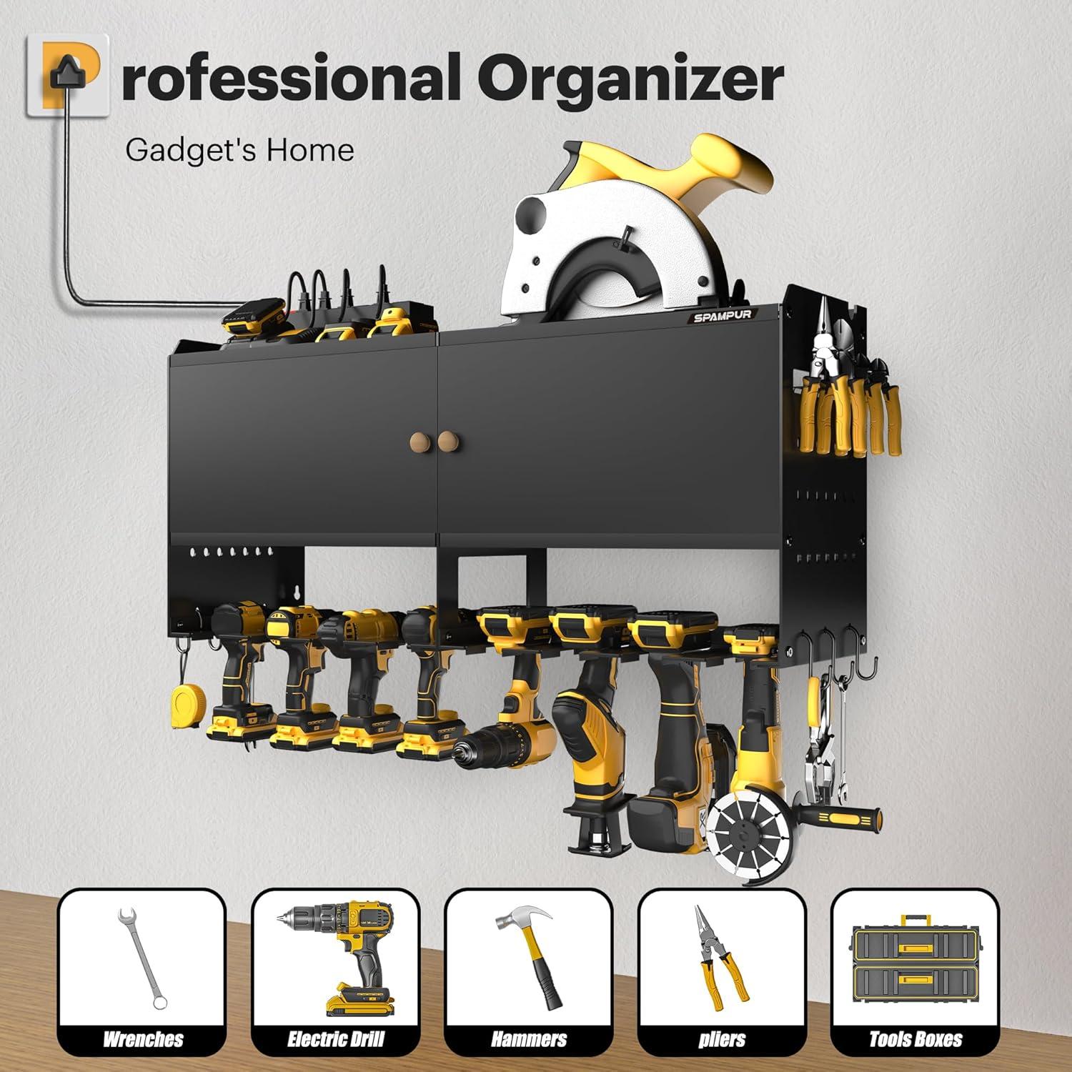 Spampur Power Tool Organizer Wall Mount with Charging Station, Garage Tool Shelf 6 Drill Holders, Tool Battery Holder with Plier holder Heavy Duty Rack, Tool Storage Rack with 4 Outlet Power Strip